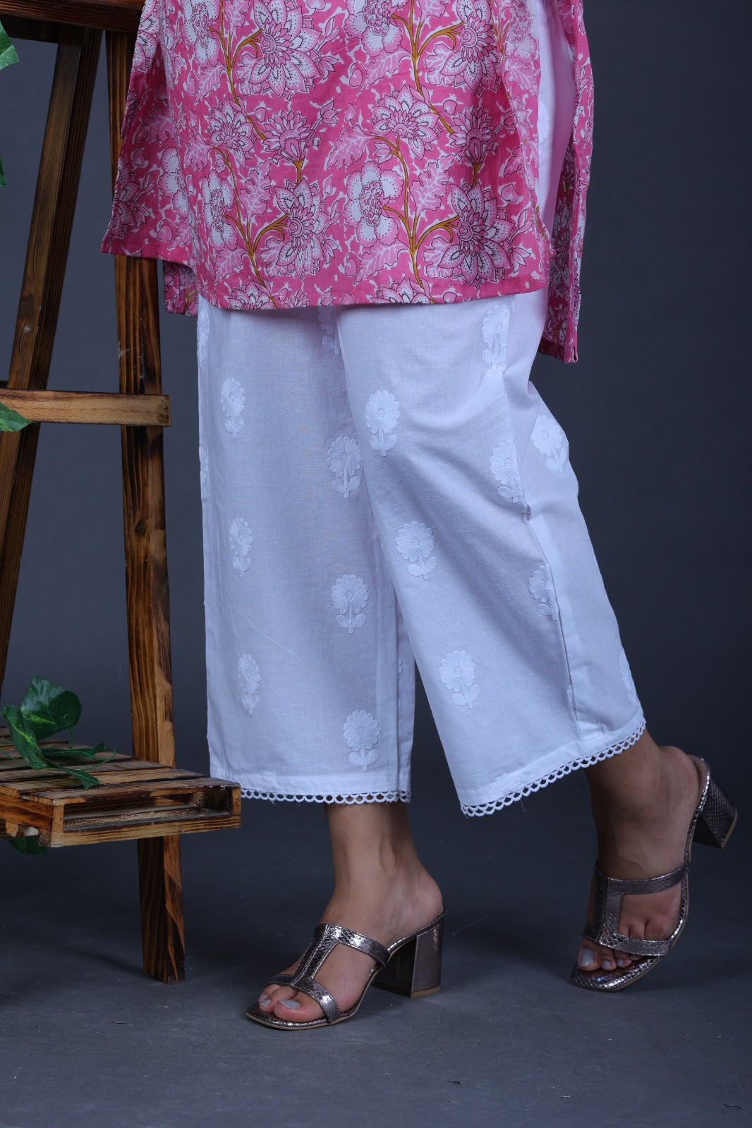 White Flover Embroidery Work Straight Pant In Cotton