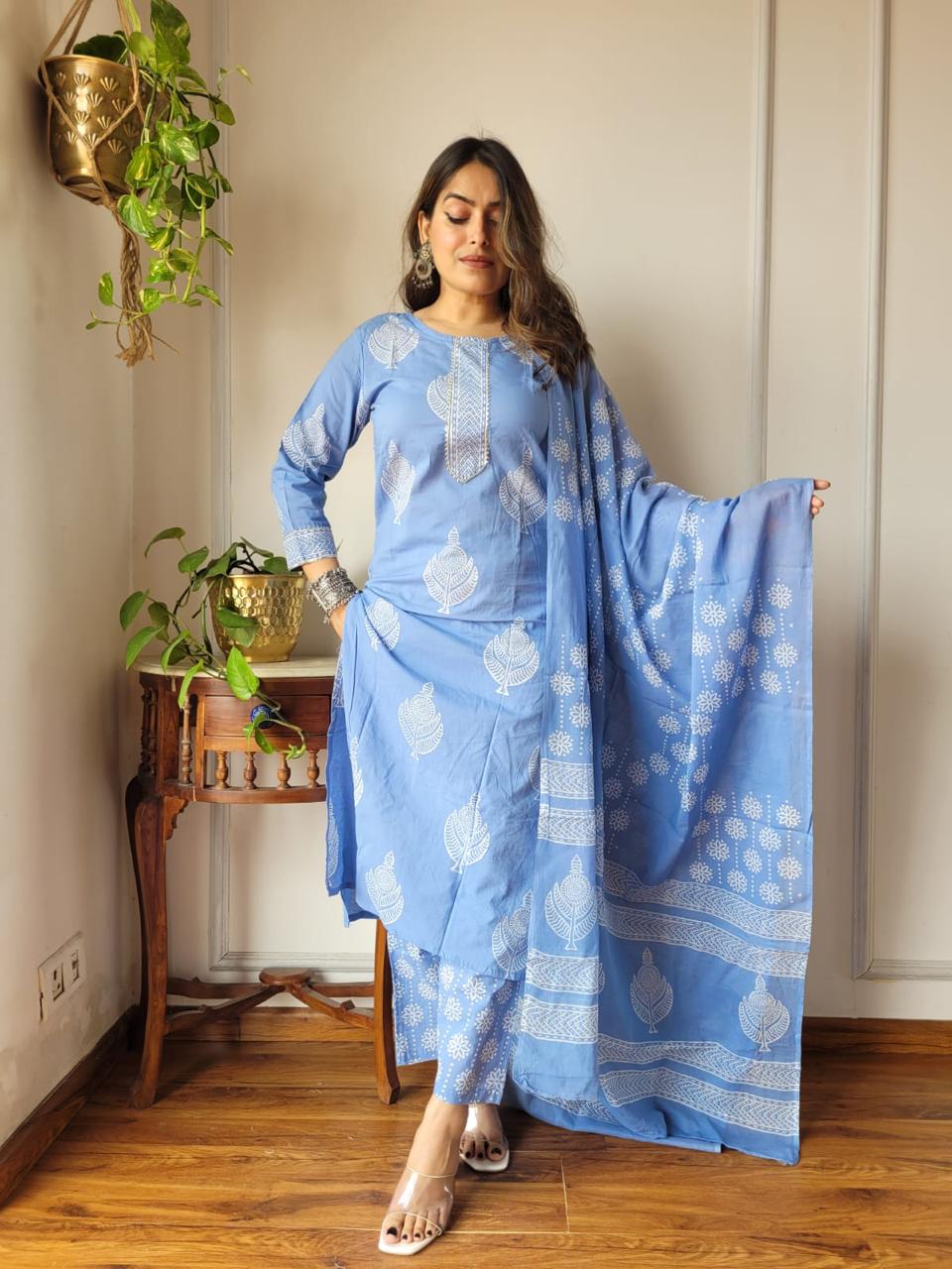 Sky Blue Cotton Suit Set