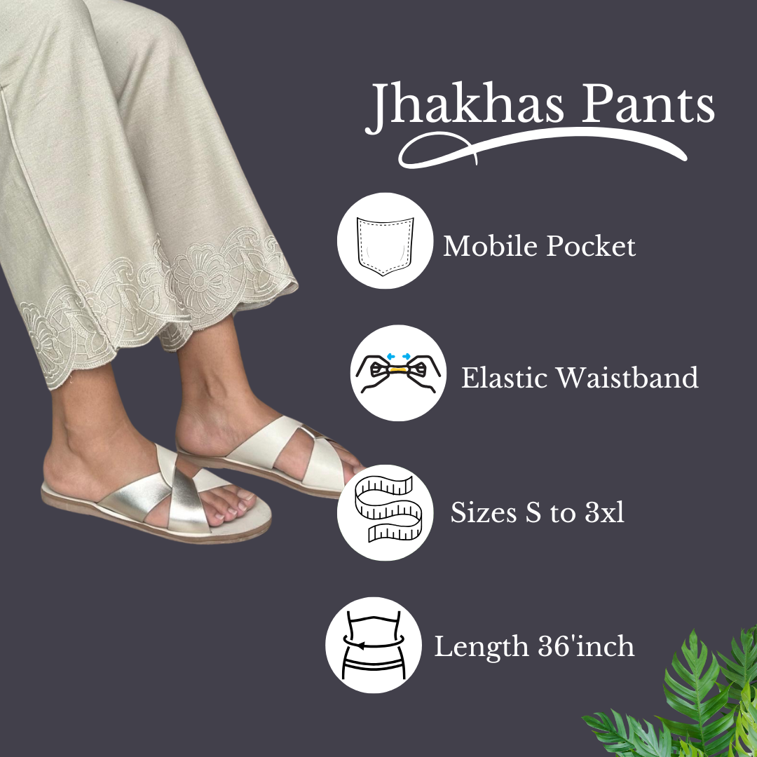 Cream Embroidery Straight Pant In Cotton For Women