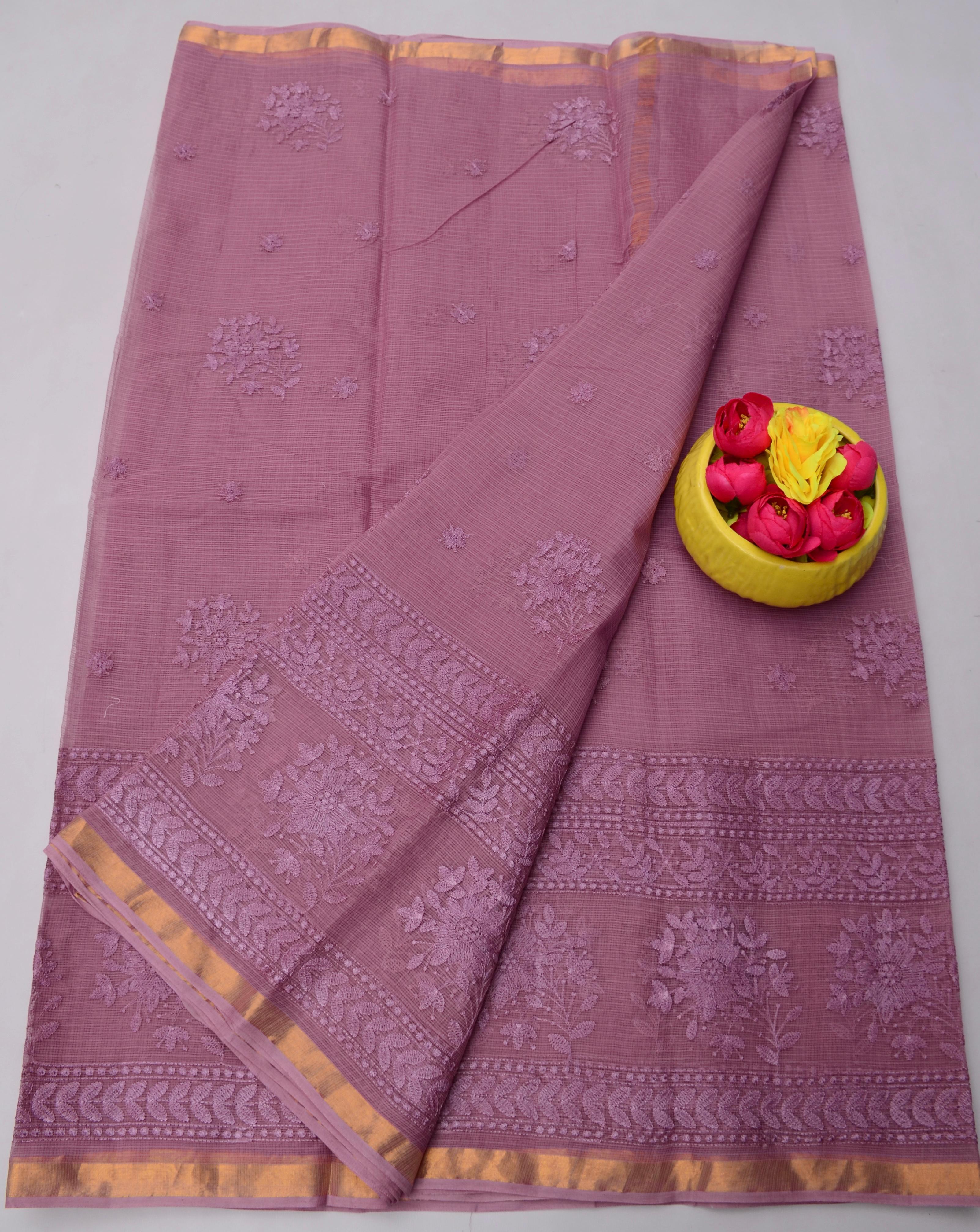 Dark Mauve Color Kota Doria All Over Embroidery Work Saree