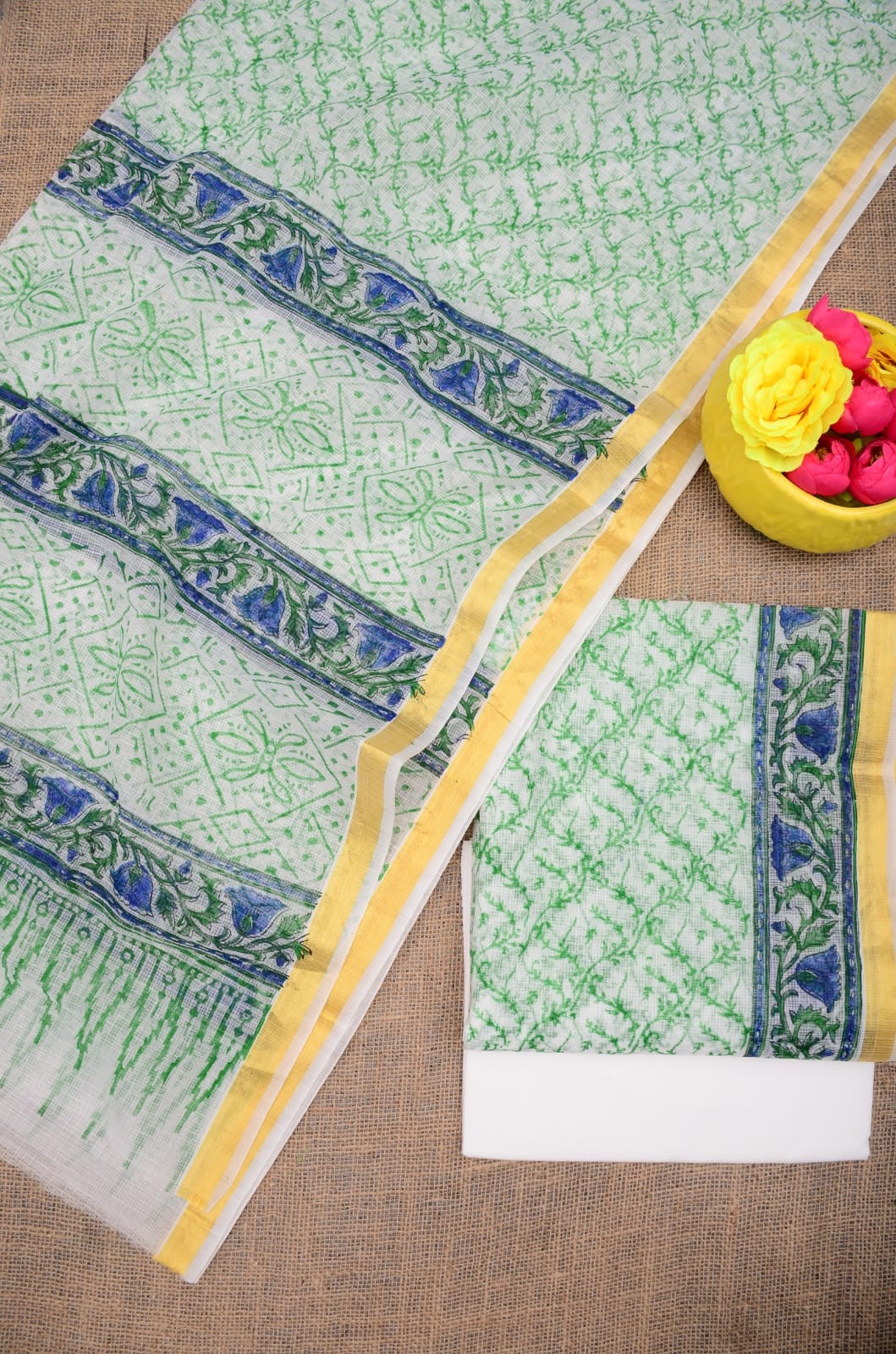 Summer Look Kota Doria Hand Block Print Suit In White (unstitched)