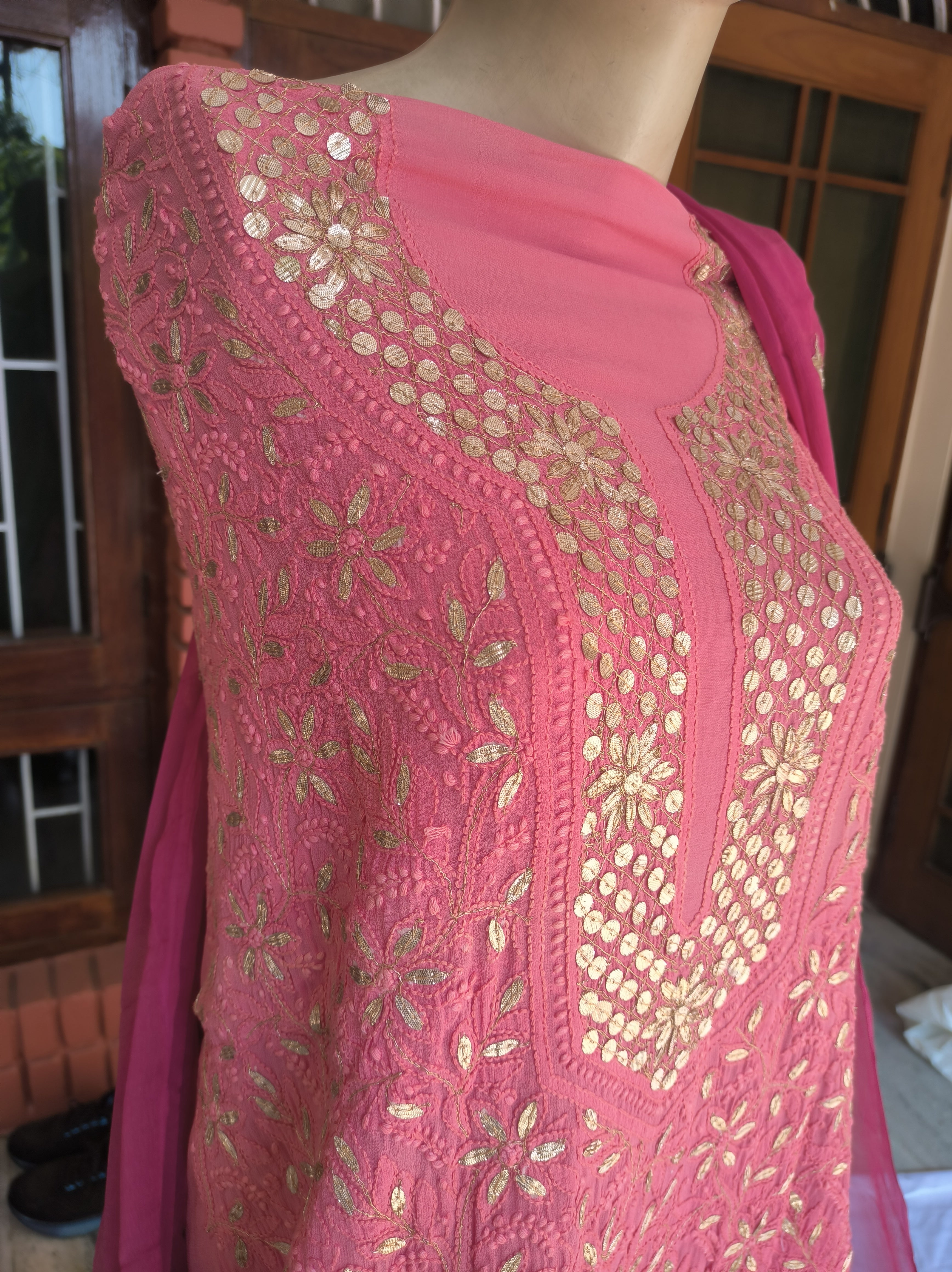 Peach & Pink Lucknowi Chikankari Gota Patti Salwar Suit(Dress Material)