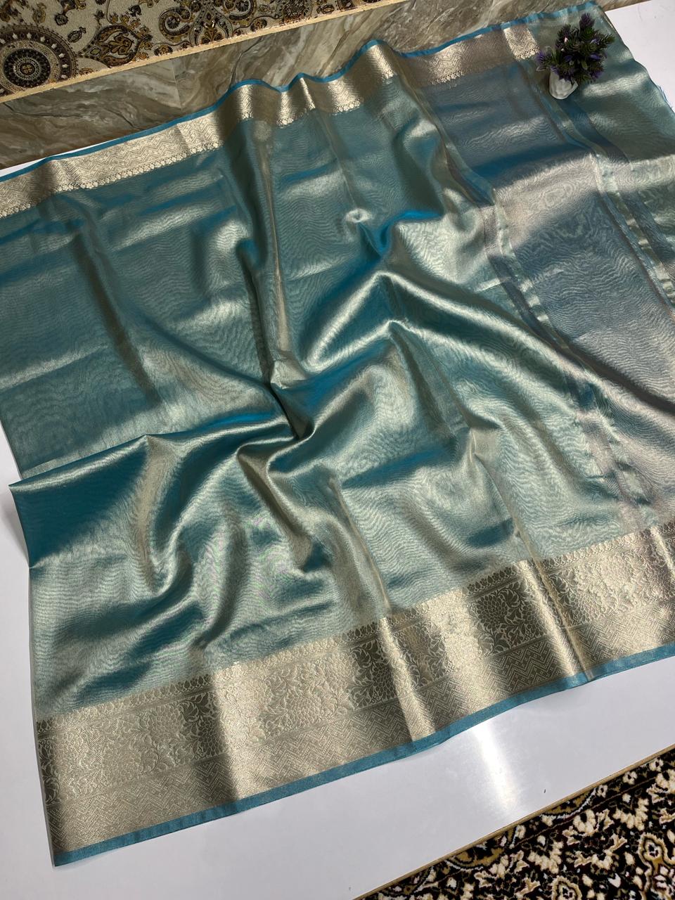 Shimmer blue soft tissue saree gold zari border