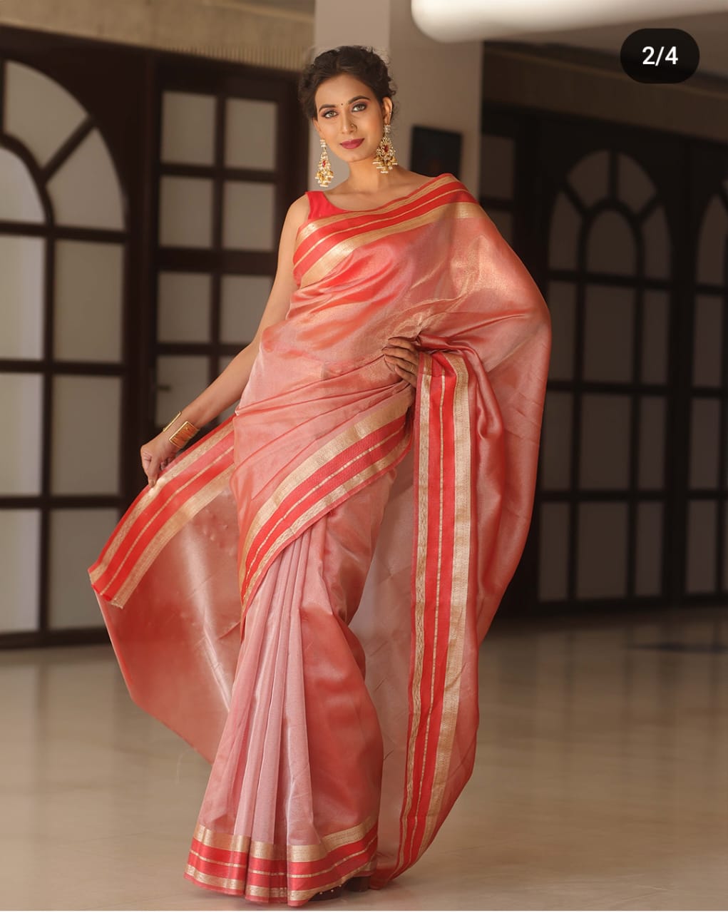 Red Shimmer Banarasi Handloom Tissue Zari Border Silk Saree