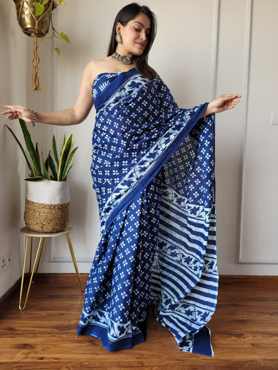 Ink Blue Trending Indigo Hand Block Print MulMul Cotton Saree