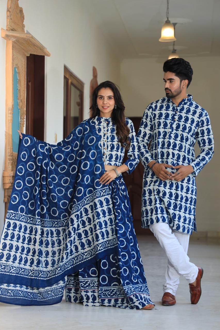 Blue colour Pure Cotton Twinning Couple Set In Block Print