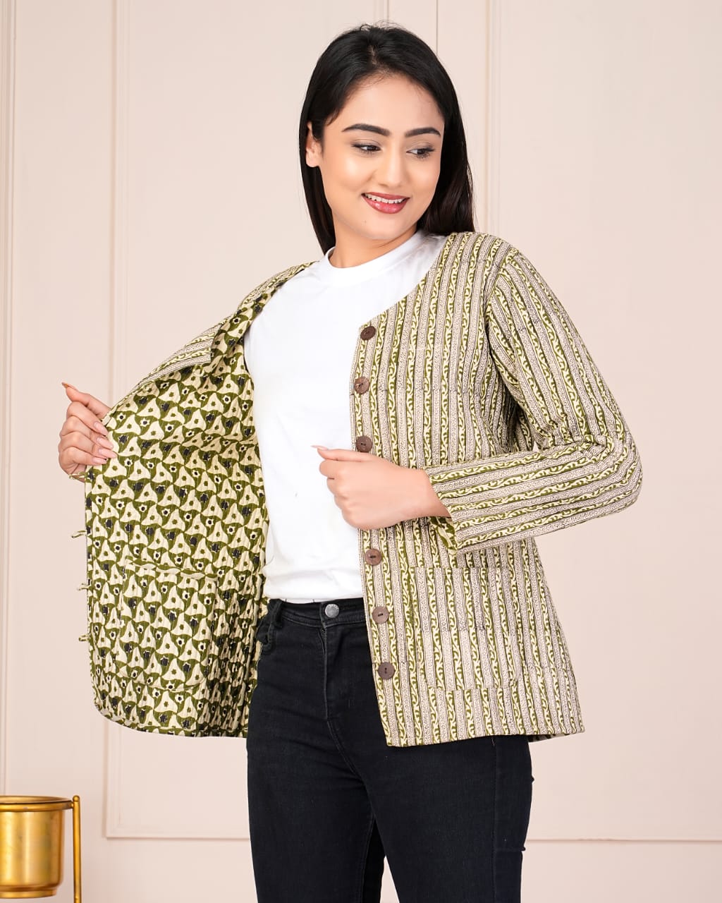 Beautiful Brown Green Pure Cotton Quilted Reversible Print Jackets