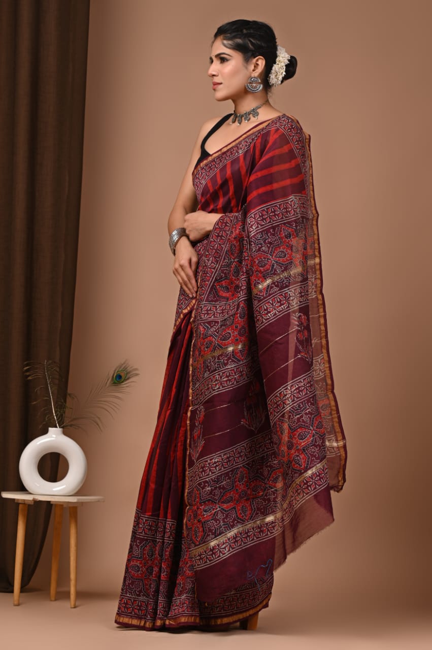 Maroon Chanderi Hand Block Printed  Saree