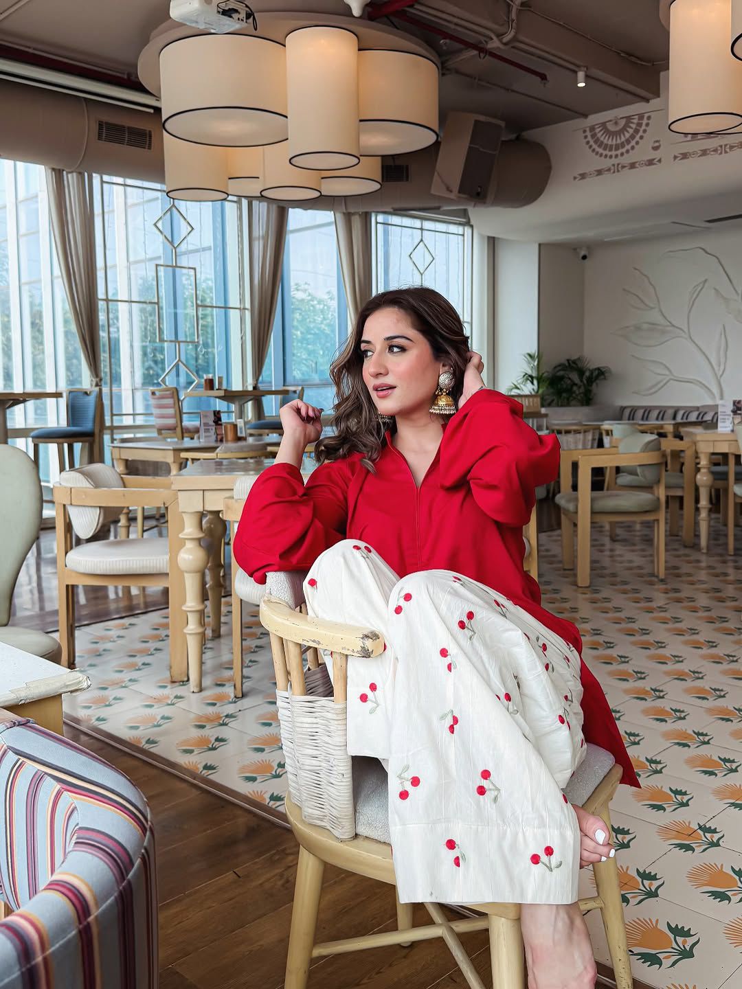 Cherry Red Kurti With Embroidery Palazzo Set