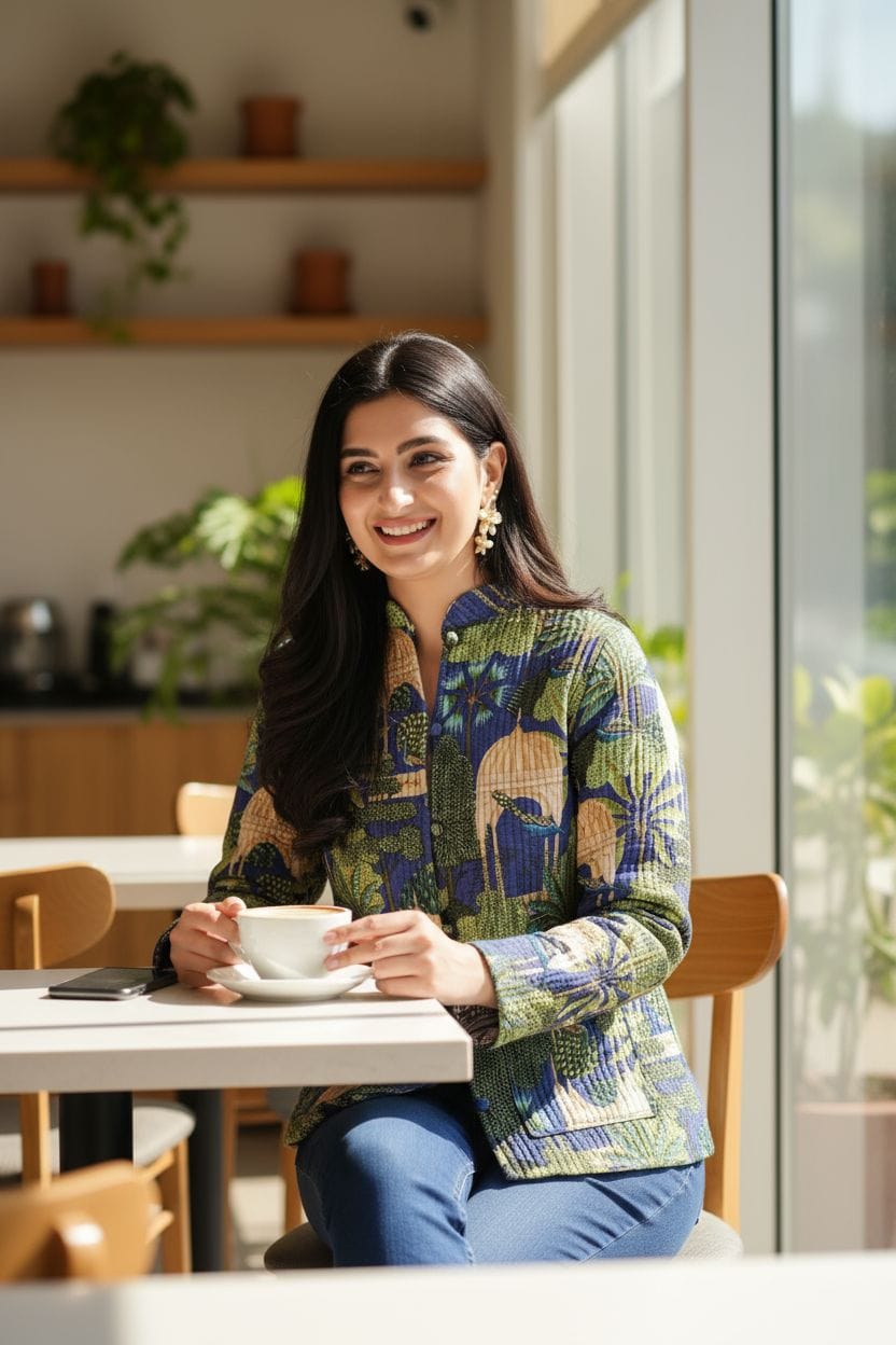 Beautiful Green Pure Cotton Quilted Reversible Print Jackets