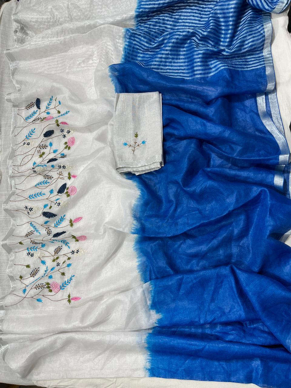 Linen Embroidery Saree In Blue & White