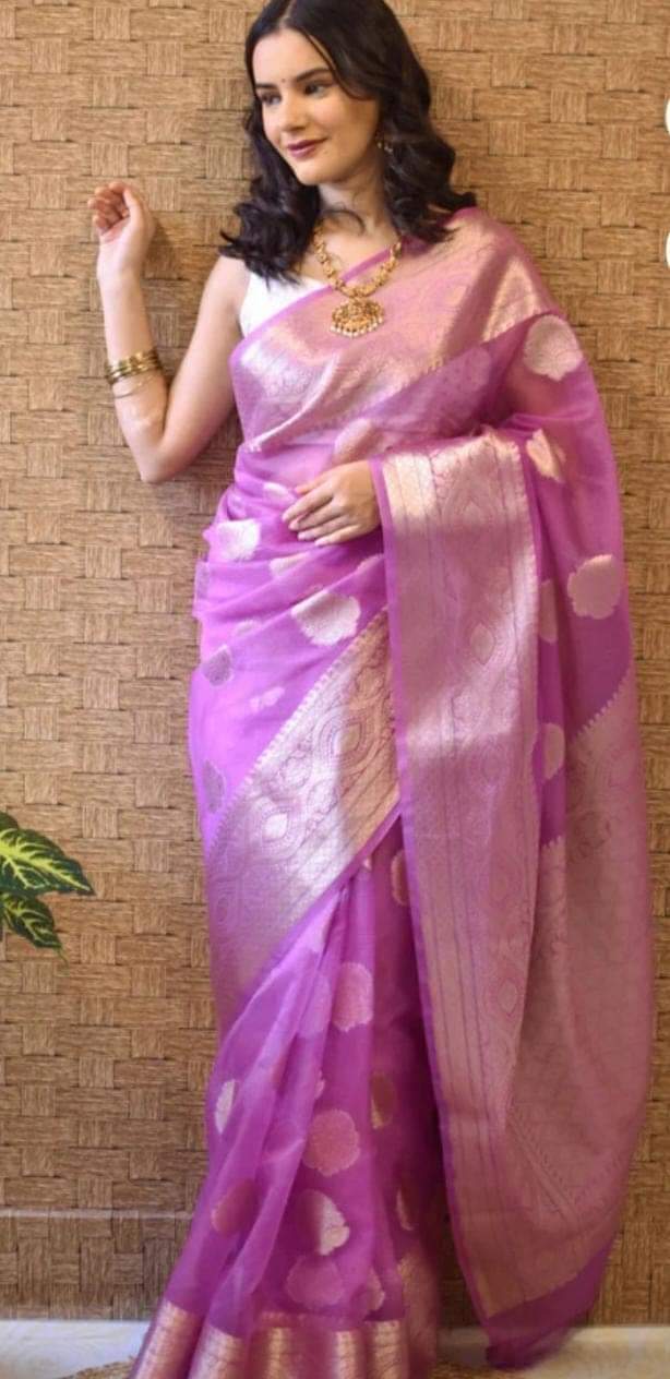 Light purple Banarasi Semi Kora Organza Saree