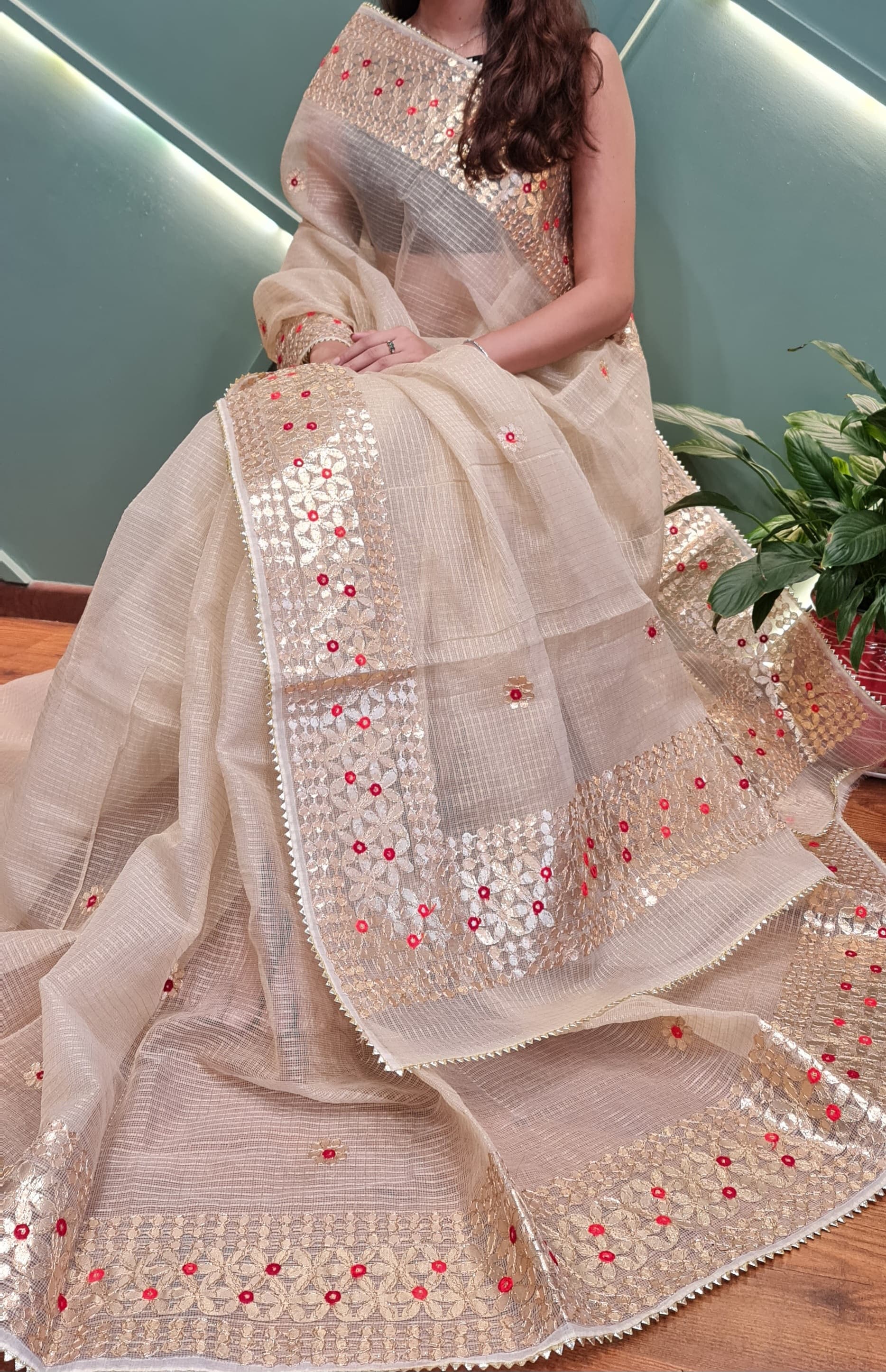 Padam- Off White Kota Doria Heavy Border Gota Patti Saree