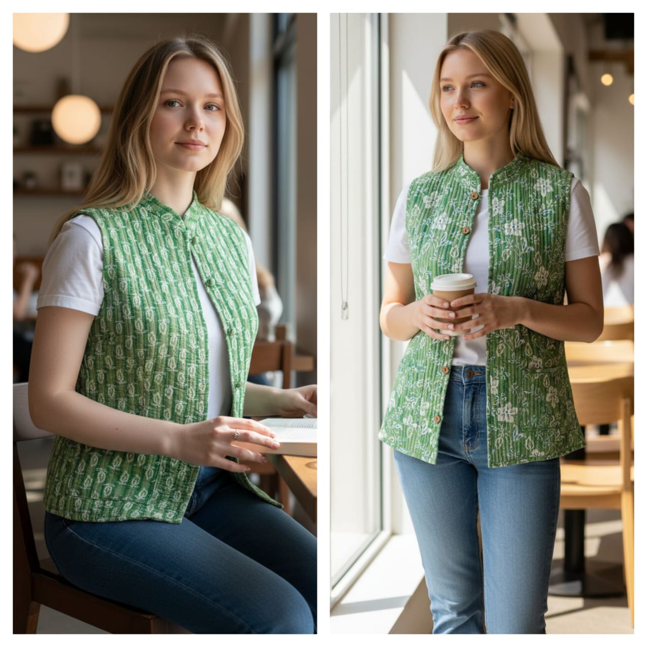 Beautiful Green Pure Cotton Quilted Reversible Print Jackets