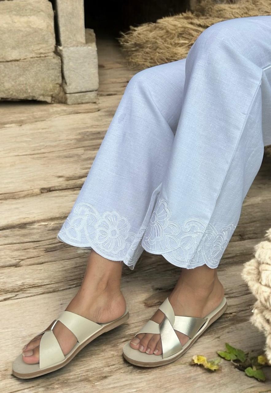 White Embroidery Straight Pant In Cotton For Women