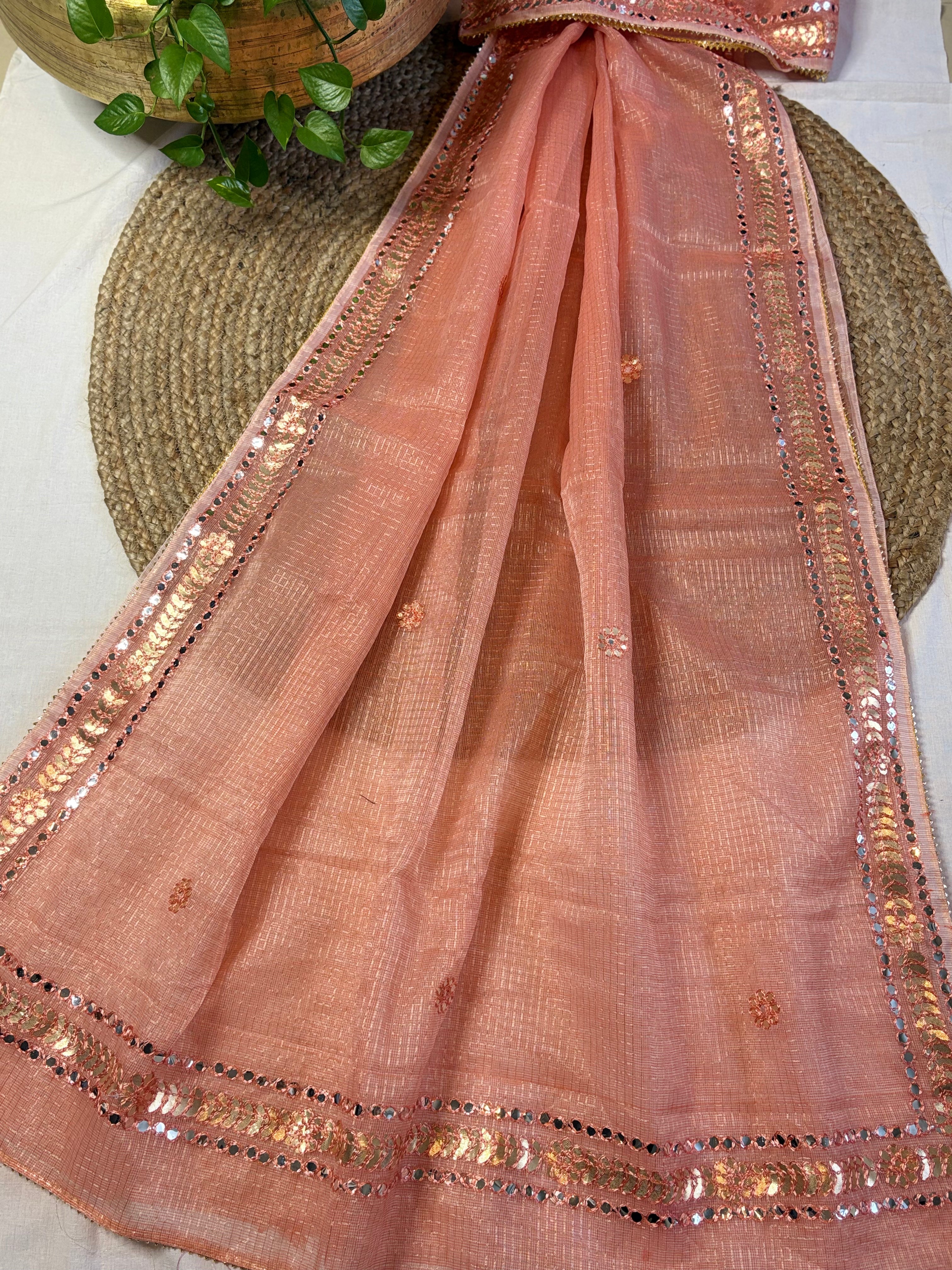 Peach Kota Doria Gota Patti Saree