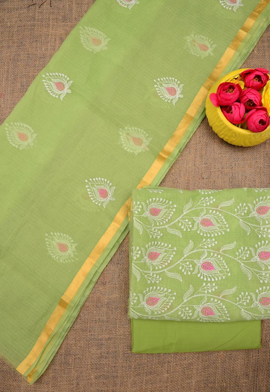 Kota Doriya Embroidery Work Suit In Green