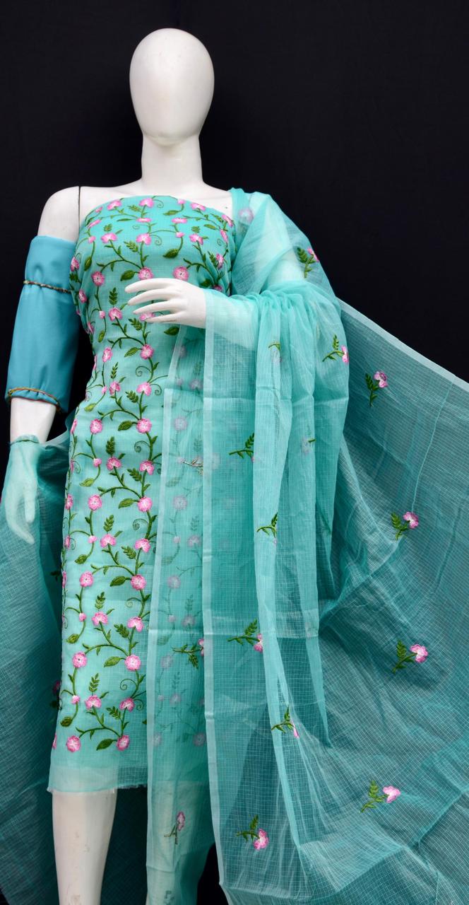 Kota Doria Embroidered Suit Set In Sea Blue