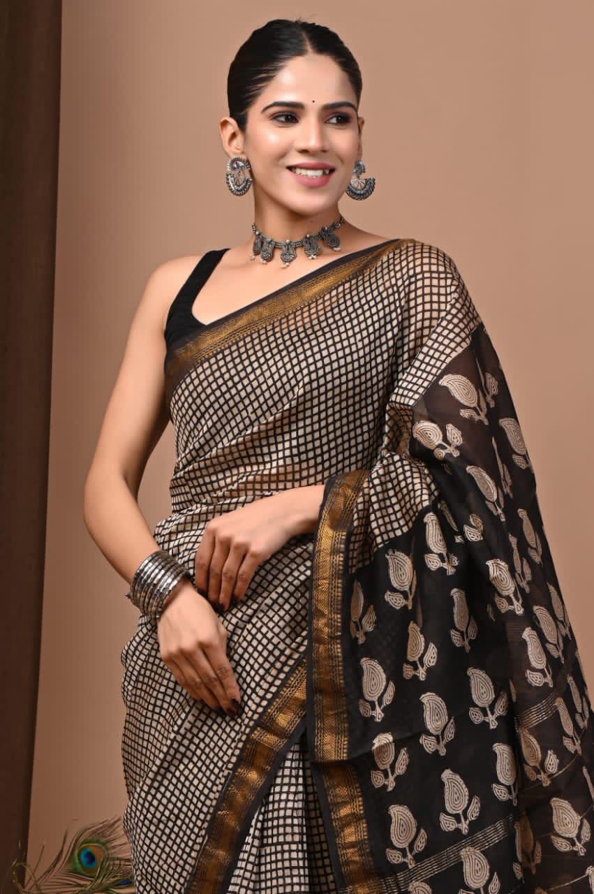Black Maheshwari Silk Bagru Hand Block Print Saree