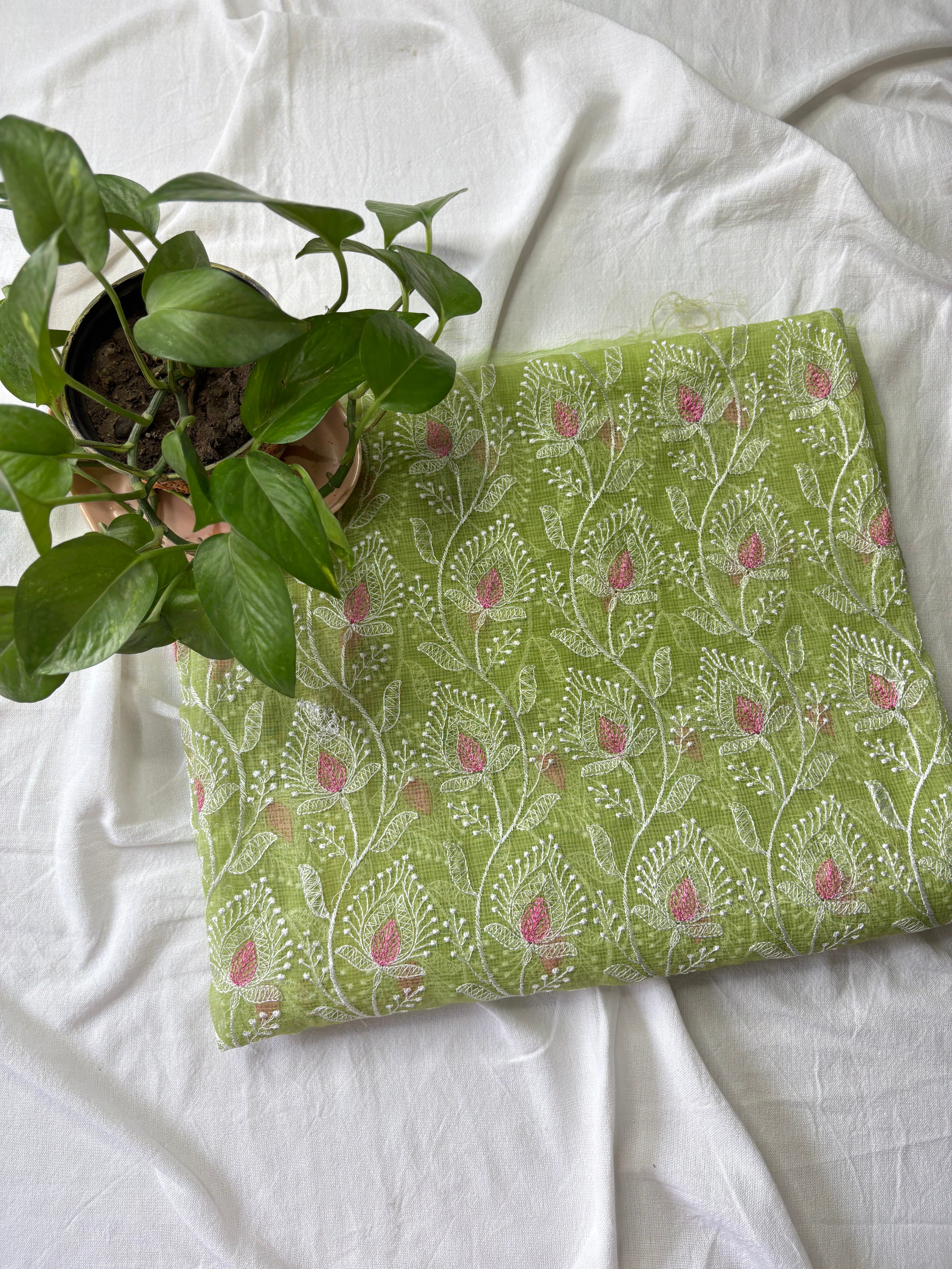 Kota Doriya Embroidery Work Suit In Green