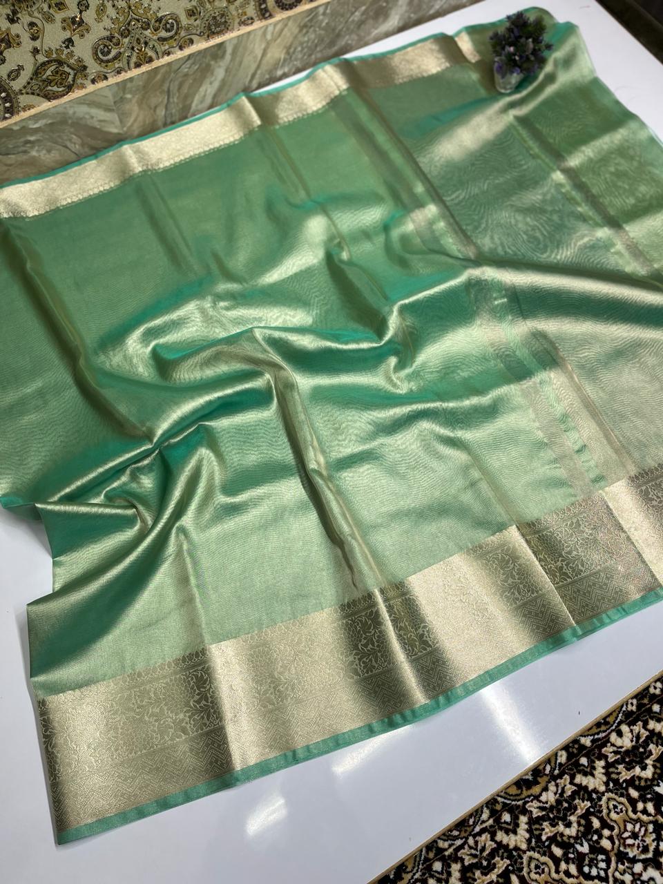 Soft Tissue Saree with Gold zari weave in shimmer green