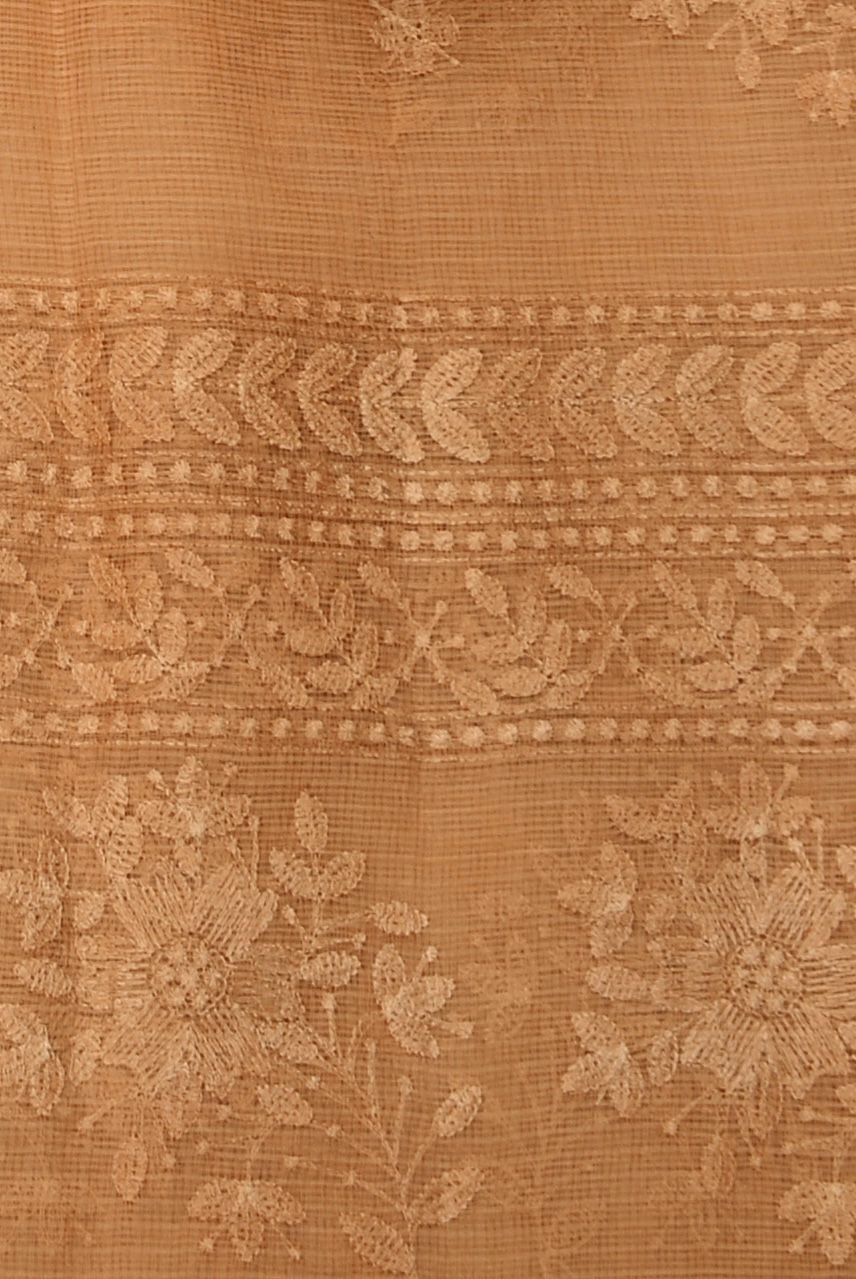 Brown Kota Doria All Over Embroidery Work Saree