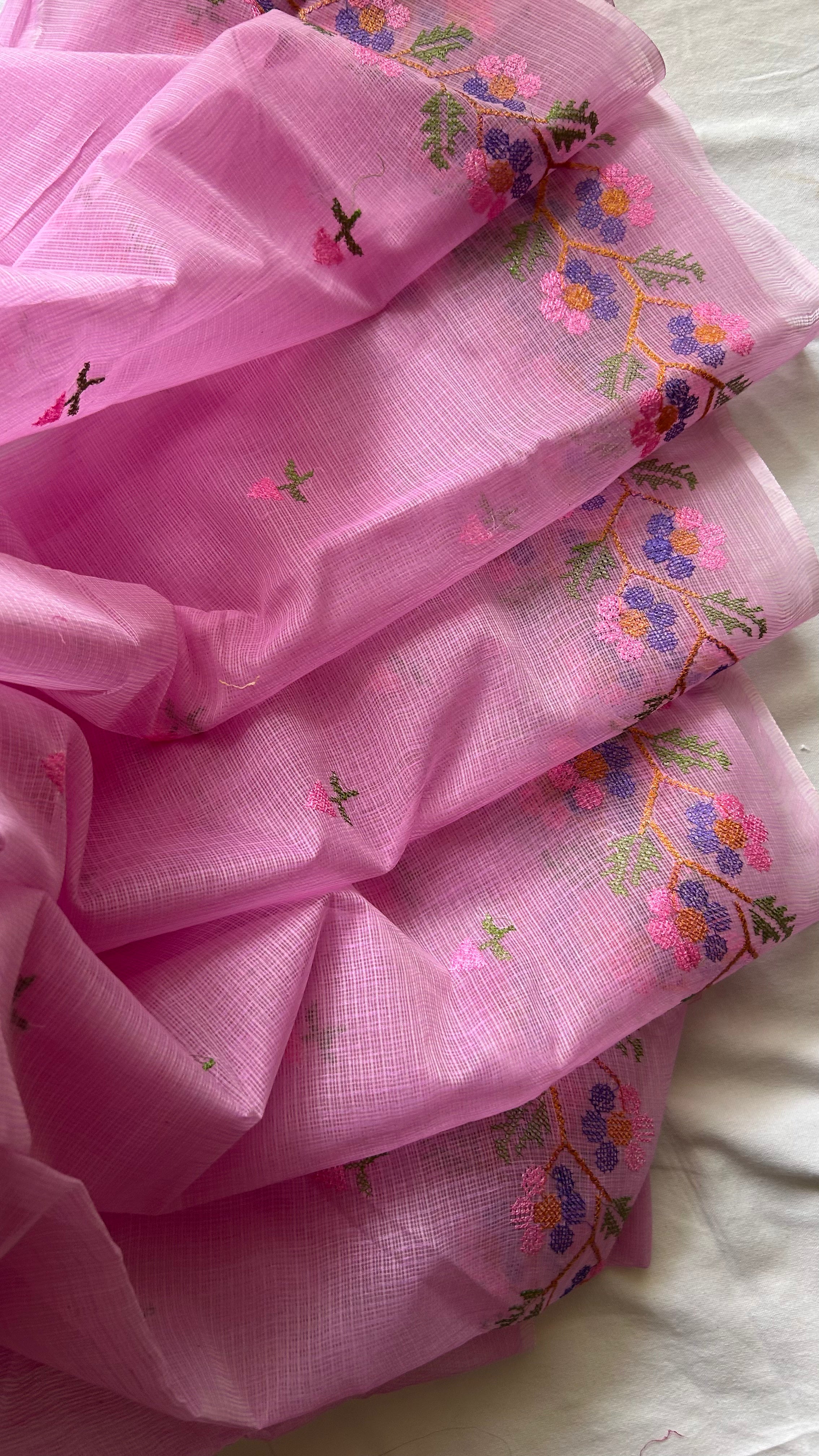 Cross Stitch Kota Doria Embroidery Work Saree In Pink