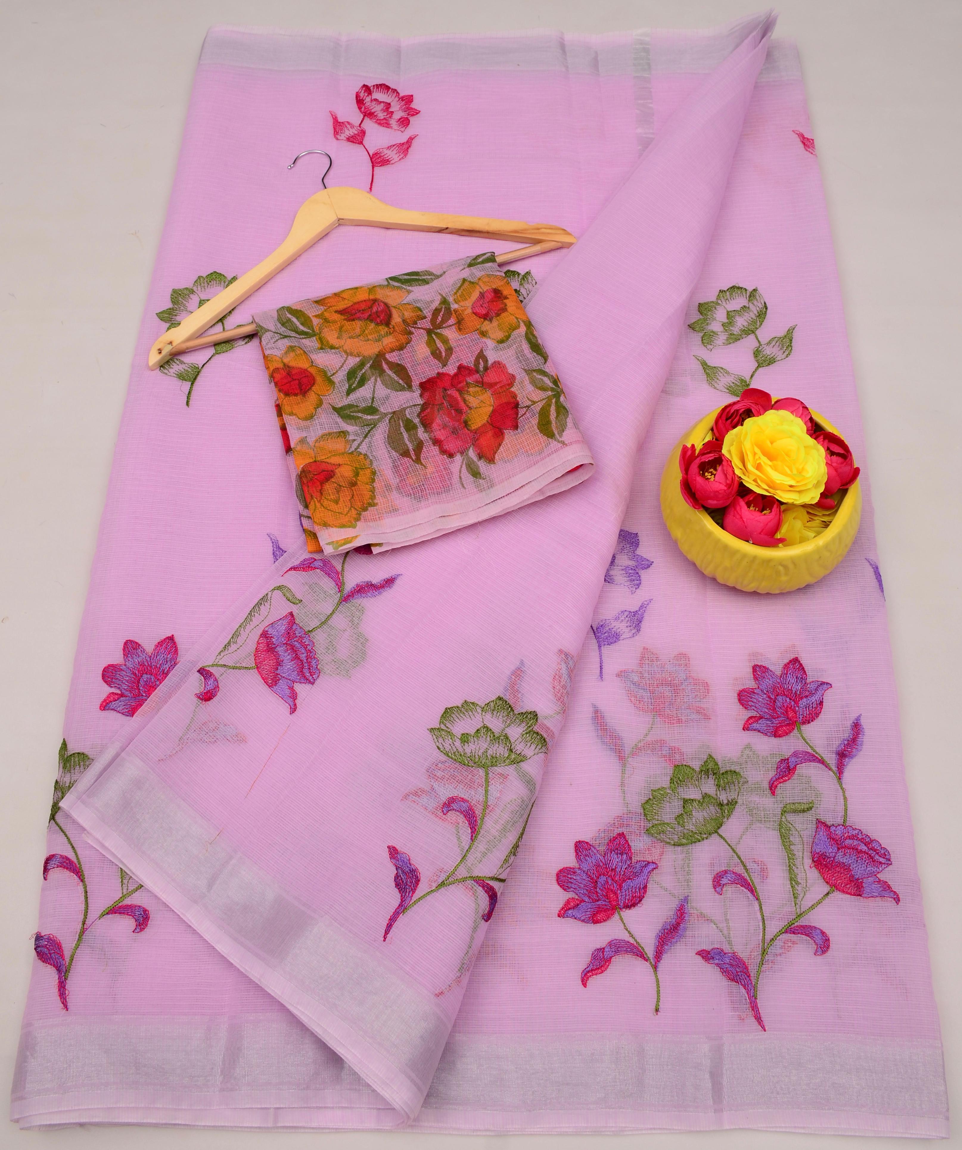 Pink Kota Doria Embroidery Work Saree