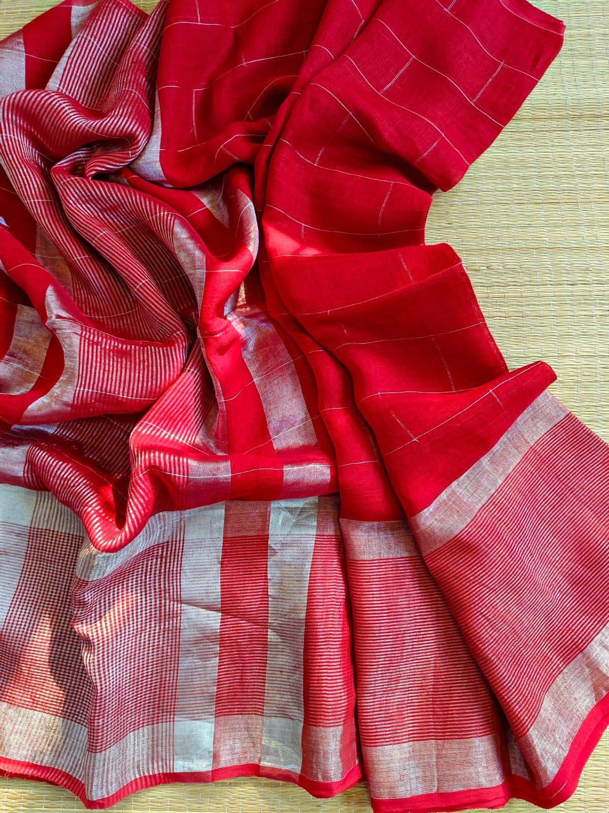 Harika Red Pure Linen Saree