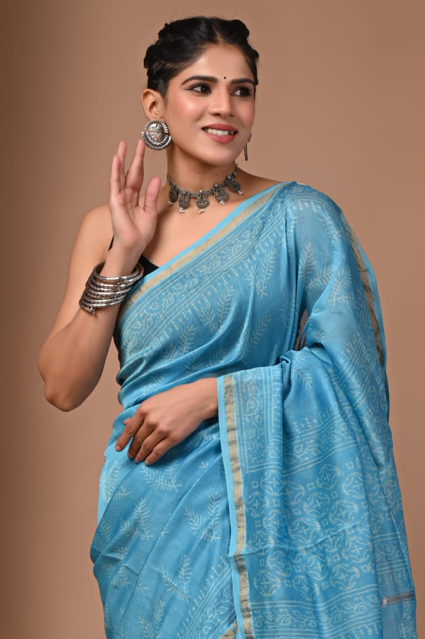 Ratanbai- Blue Chanderi Hand Printed  Saree