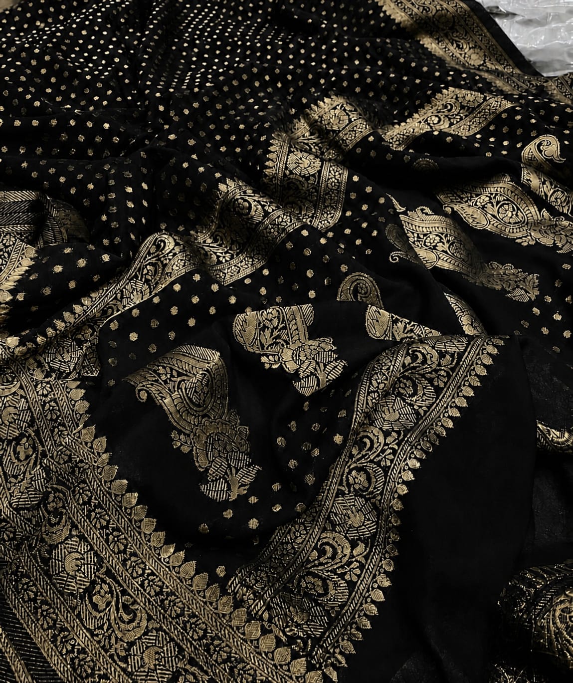 Black Banarasee Semi Georgette Small Booti Work Saree