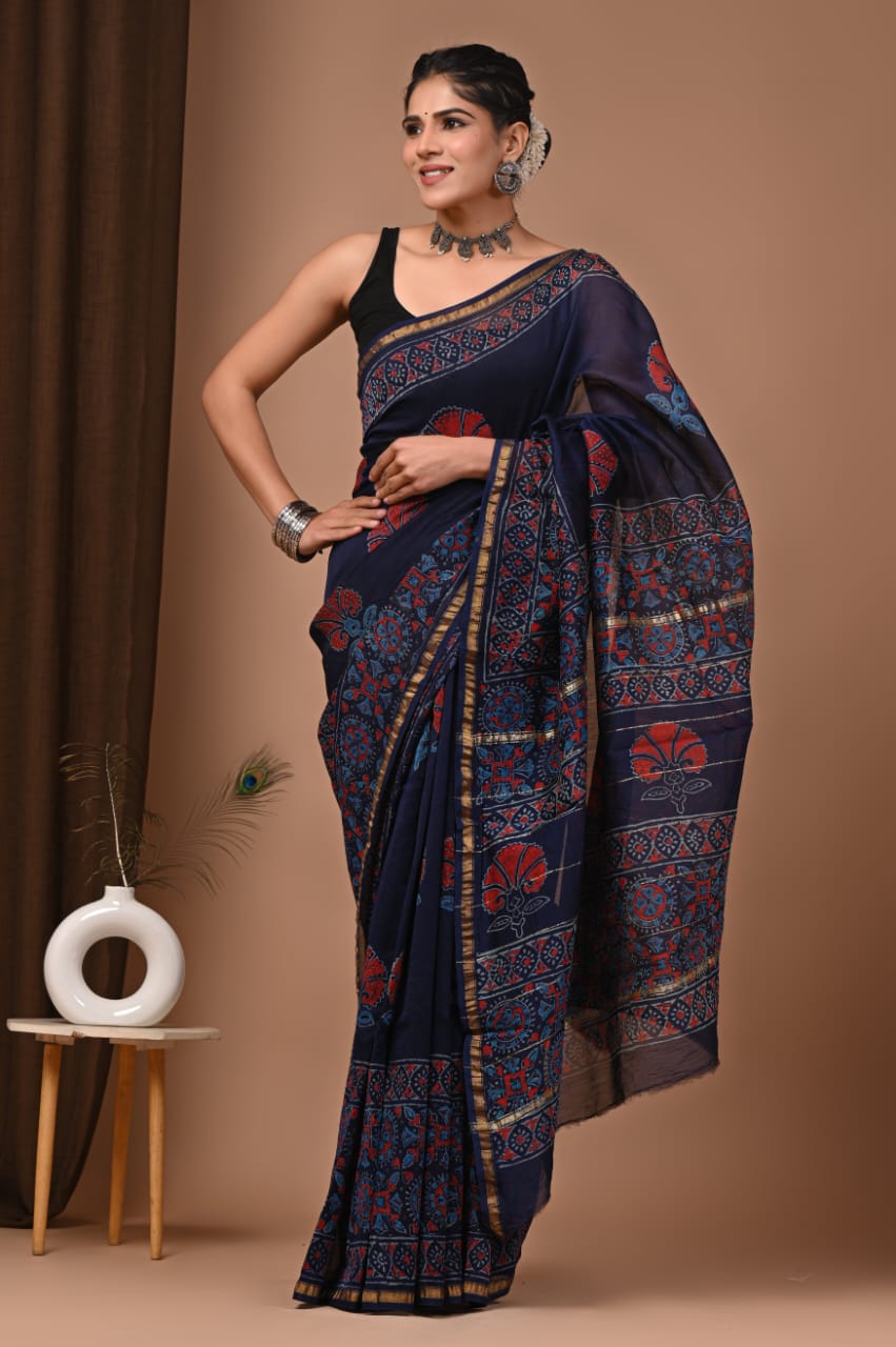 Blue Chanderi Hand Block Printed  Saree