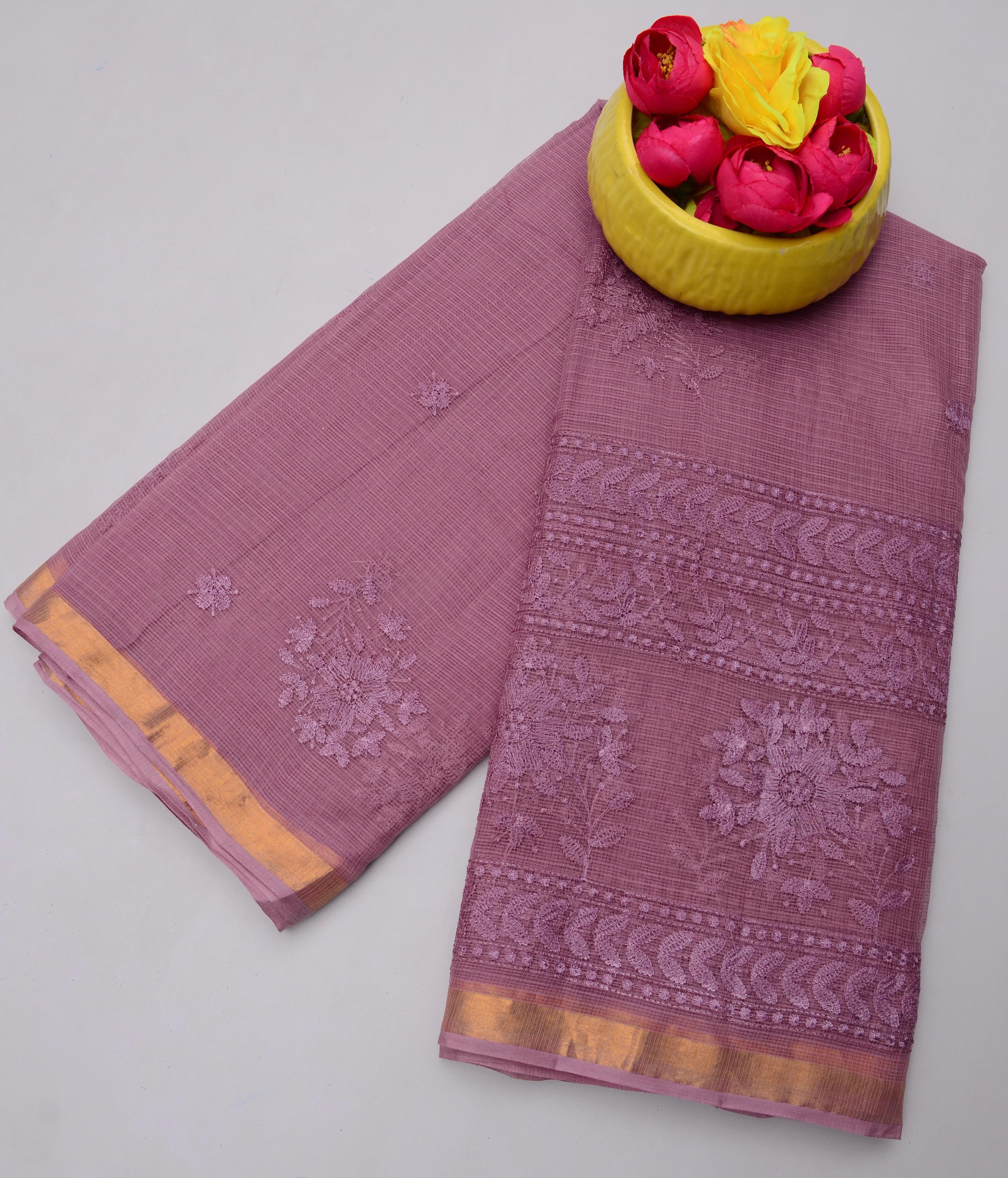 Dark Mauve Color Kota Doria All Over Embroidery Work Saree