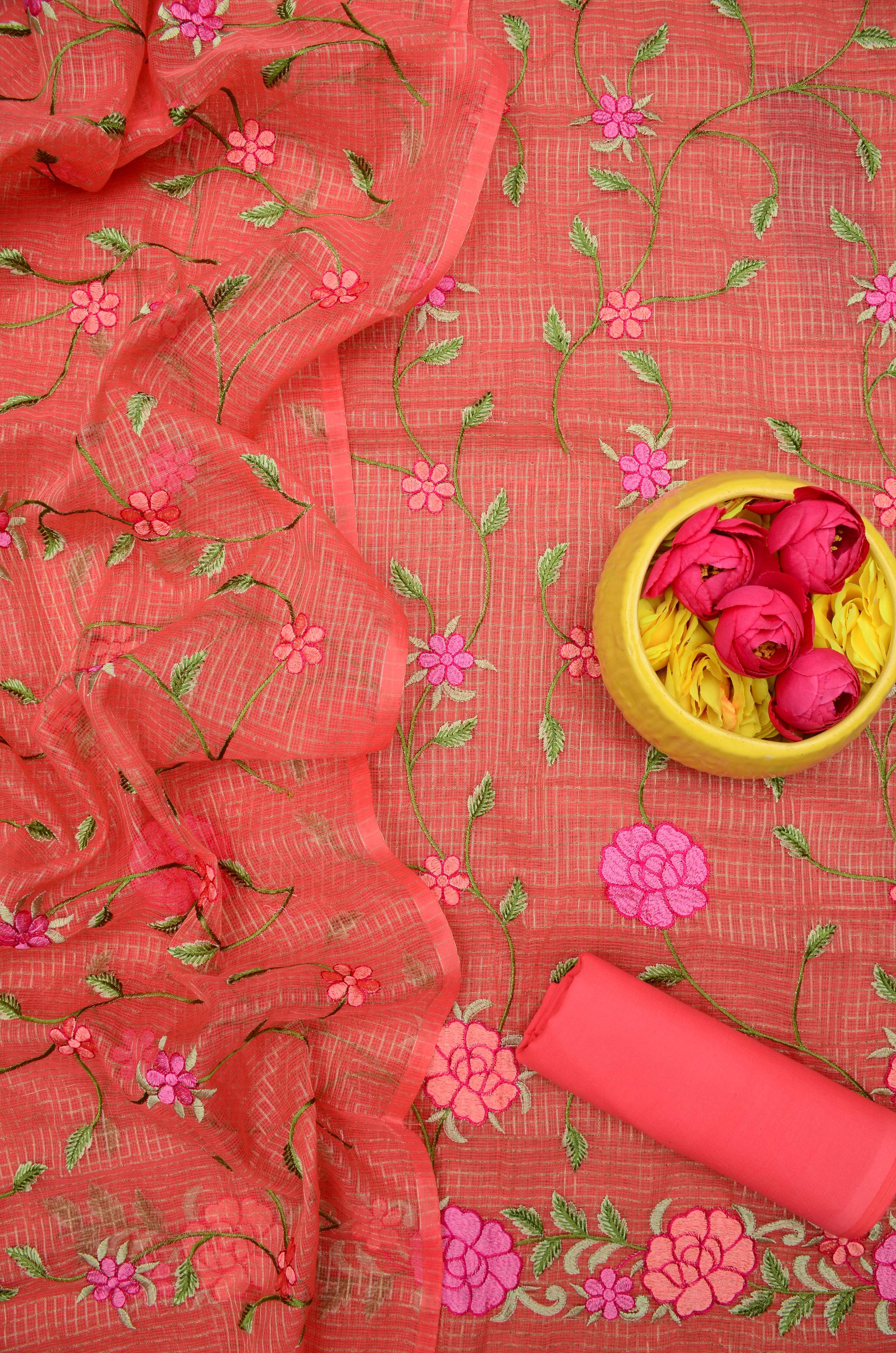 Kota Doria Embroidered Suit Set In Peach ch (unstitched)