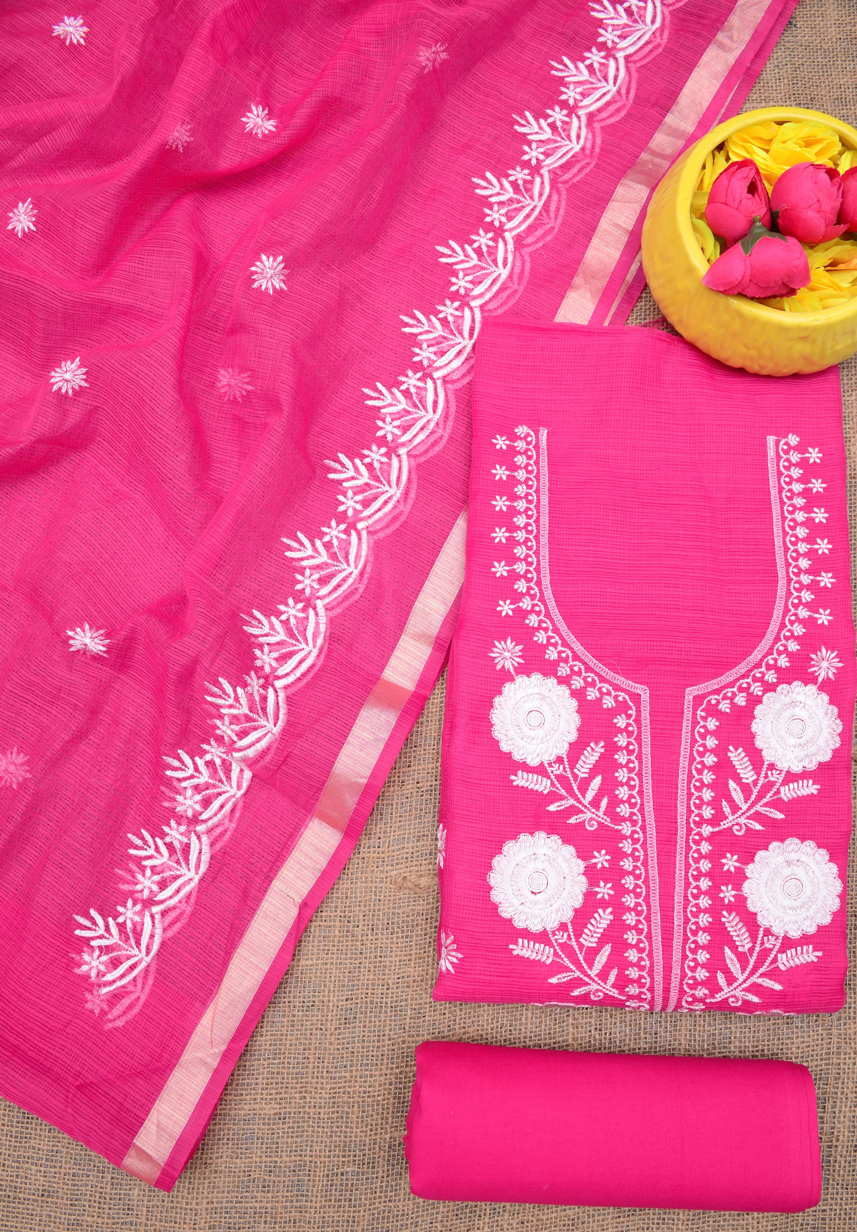 Kota Doria Embroidered Suit Set In Pink (unstitched)