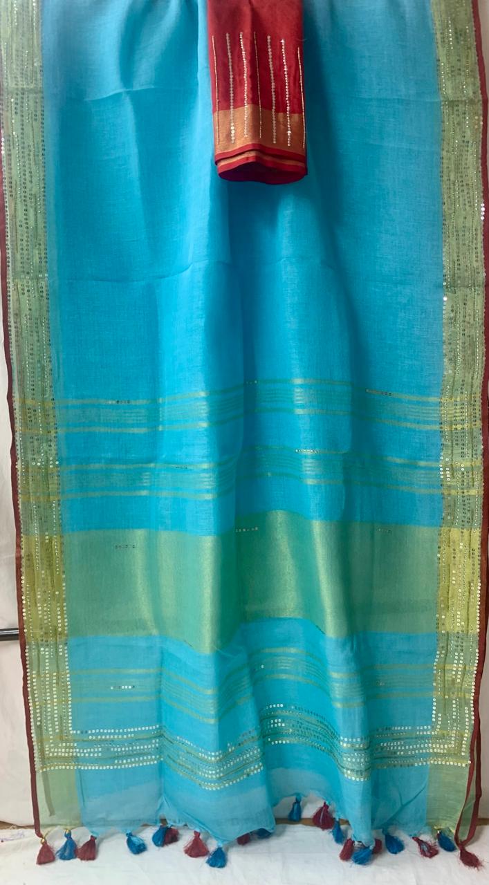 Blue Pure Linen Embroidery Saree