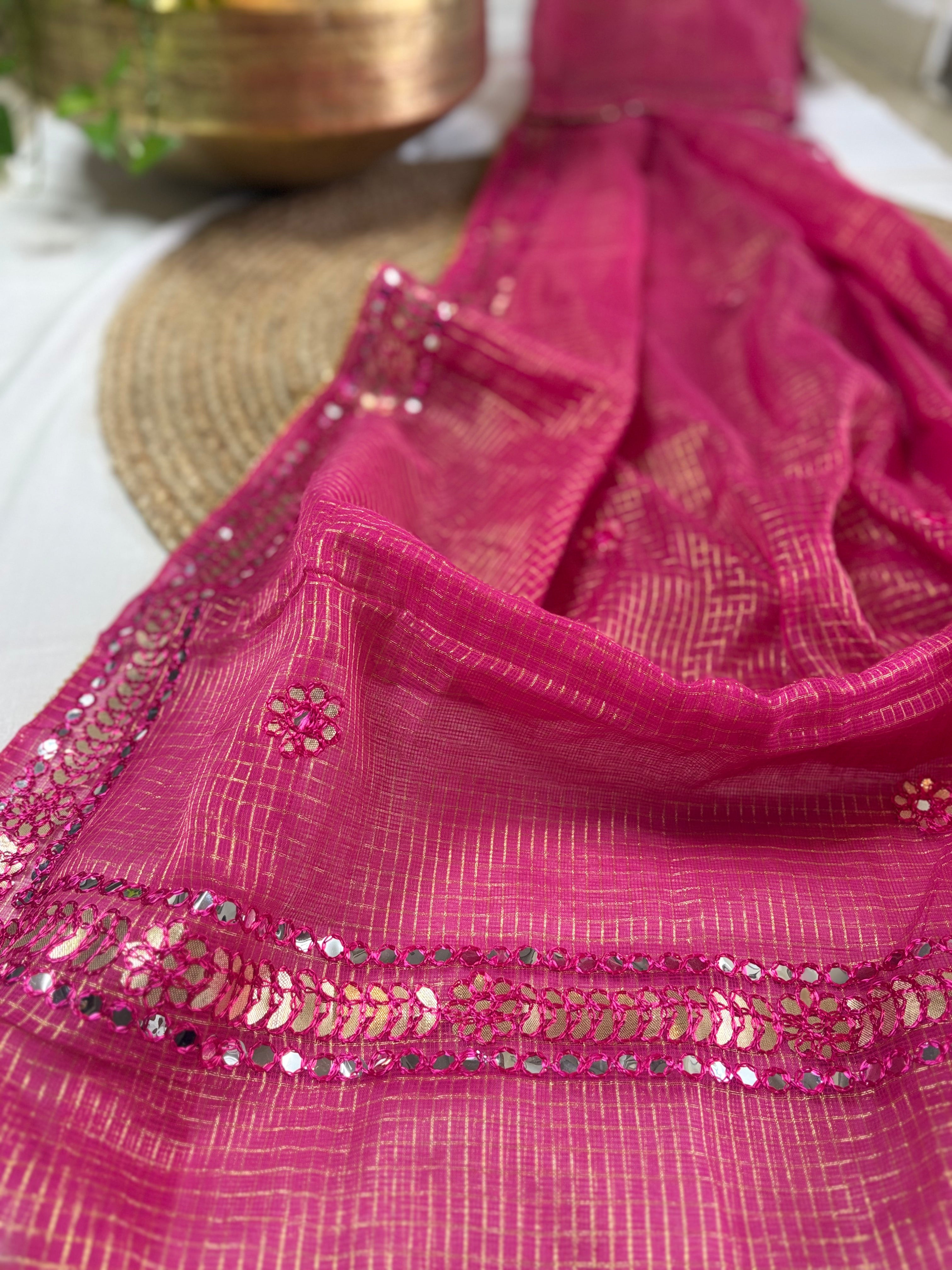 Hot Pink Kota Doria Gota Patti Saree