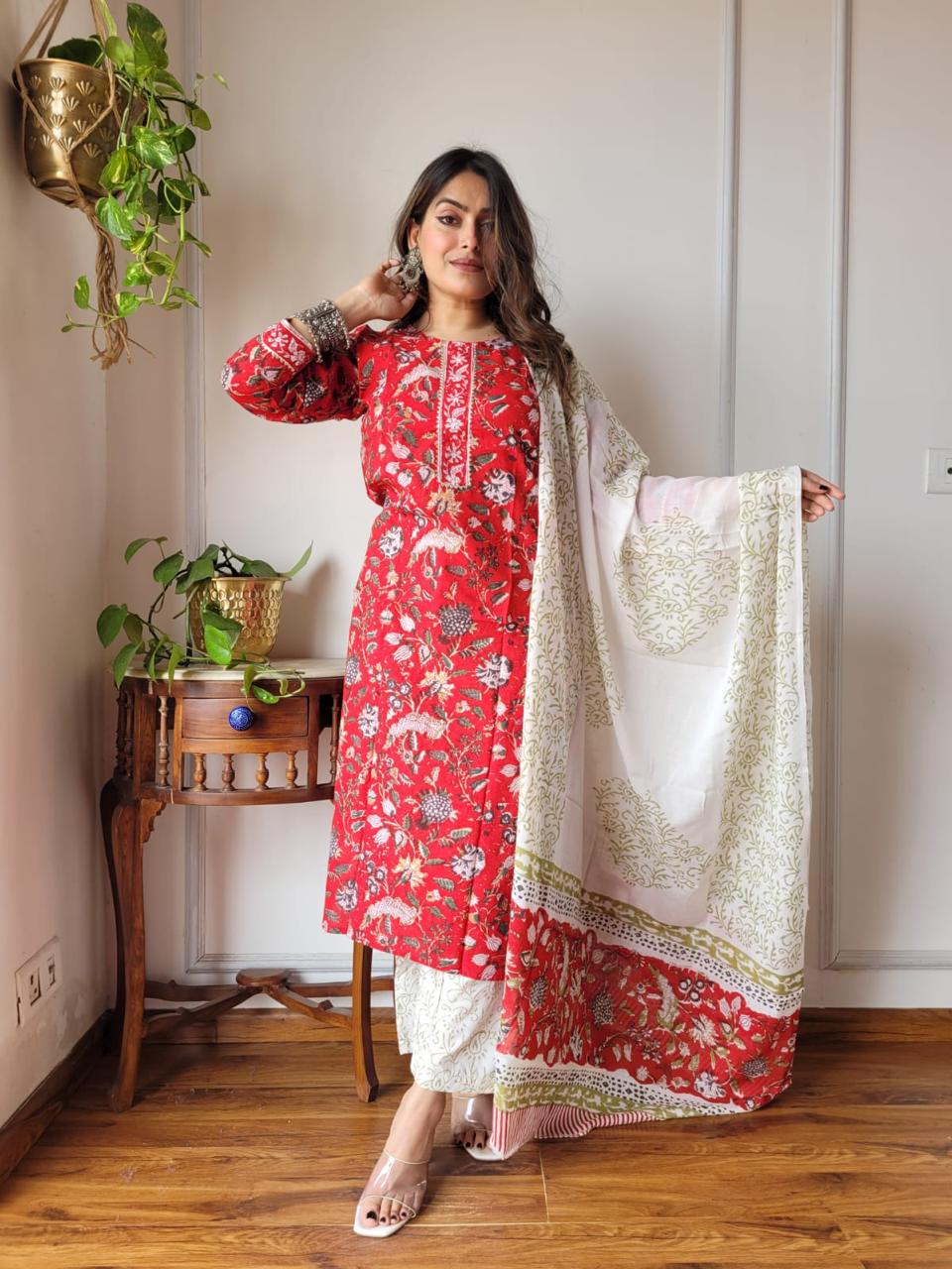 Red Stitched Cotton Suit Set