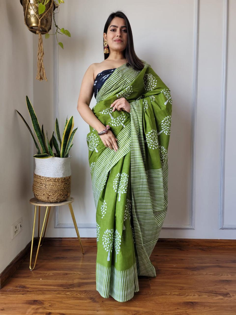 Green Cotton Printed Saree