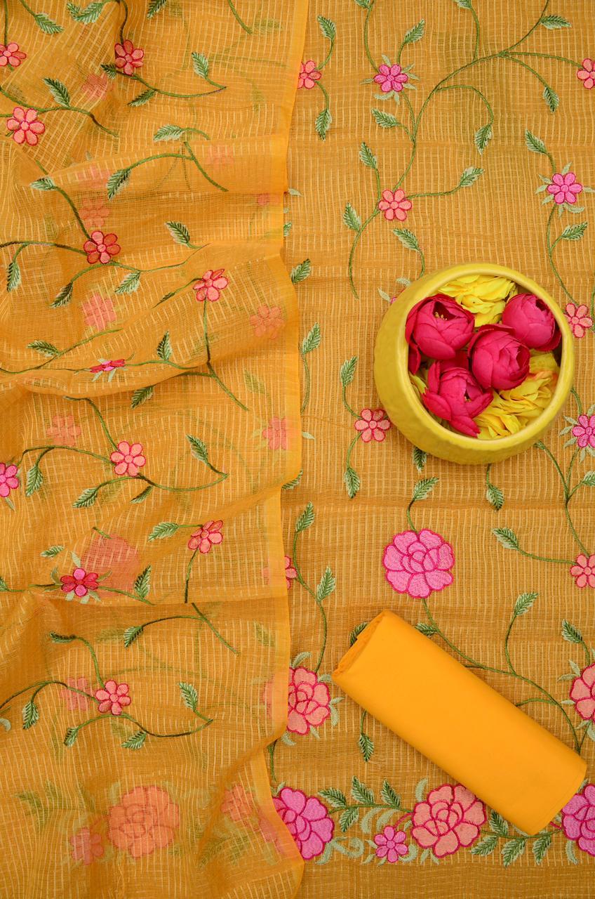 Kota Doria Embroidered Suit Set In Yellow (unstitched)