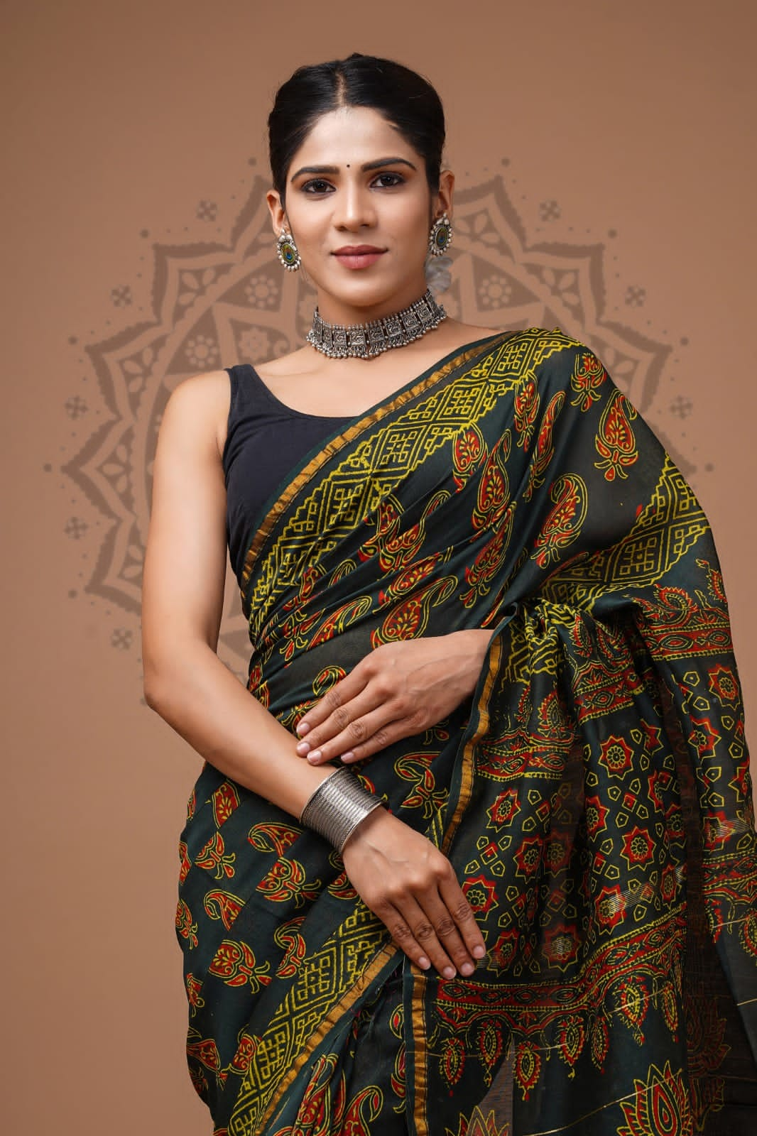 Dark Green Maheshwari Bagru Print Saree