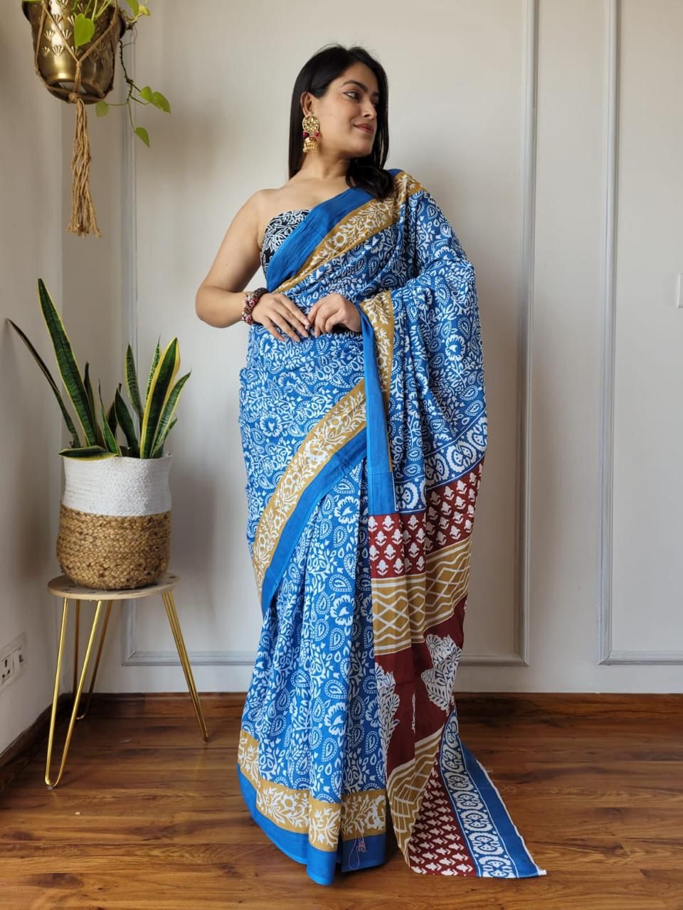 Blue Trending Indigo Hand Block Print MulMul Cotton Saree