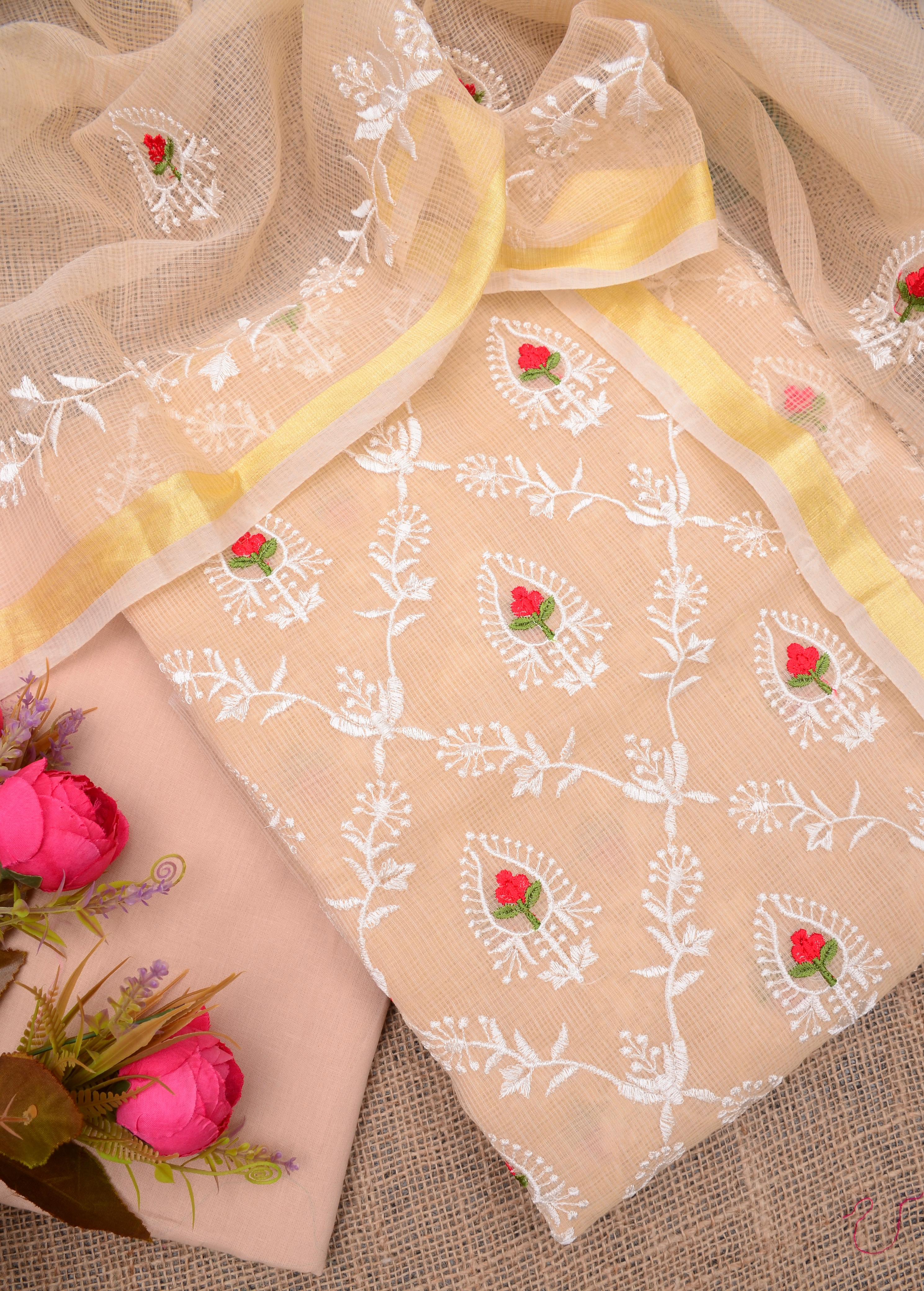 Cream Kota Doria Embroided Suit Fabric With Dupatta