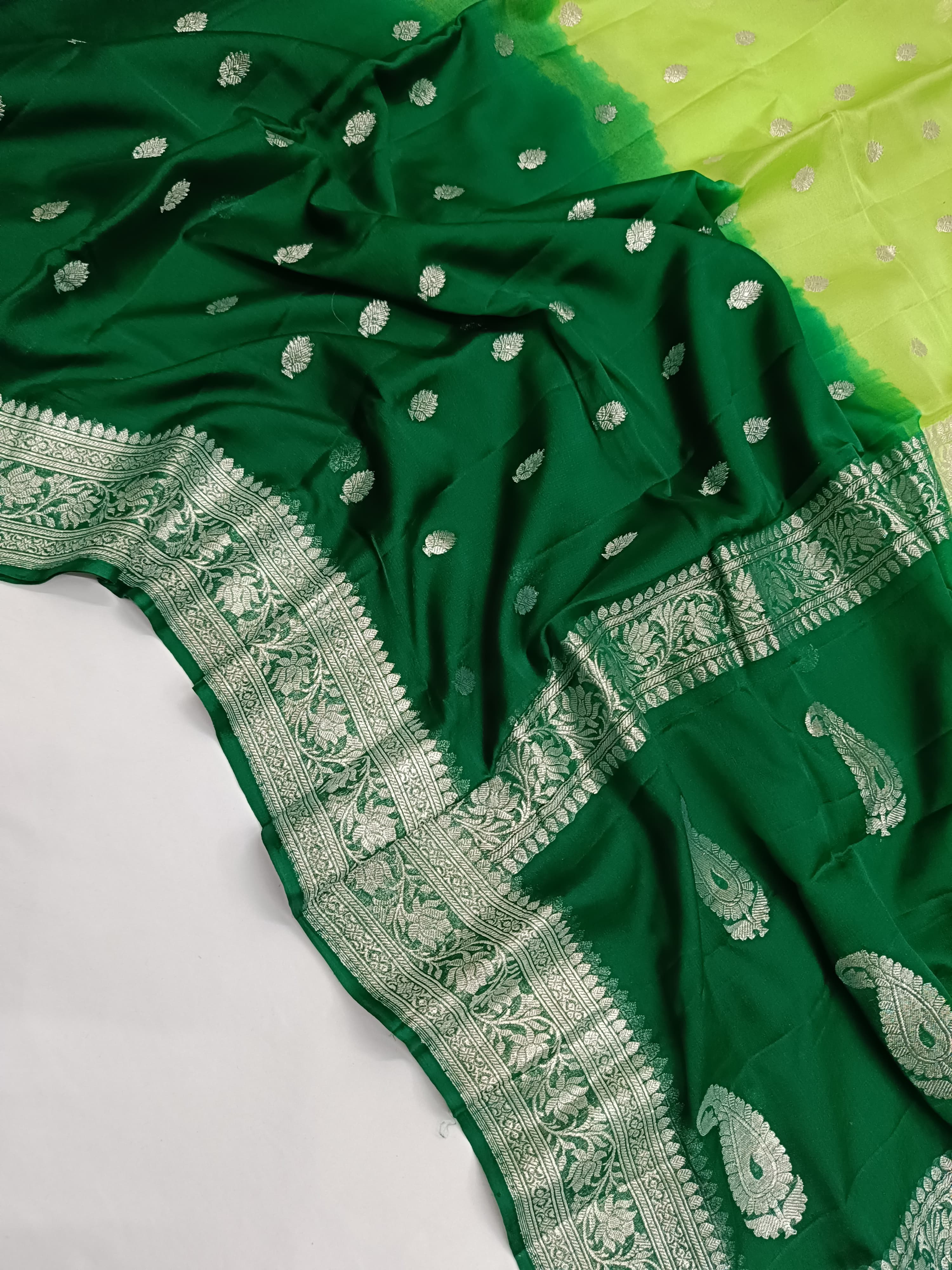 Deep Green And Lime Green Banarasi Khaddi Georgette Jaal Saree