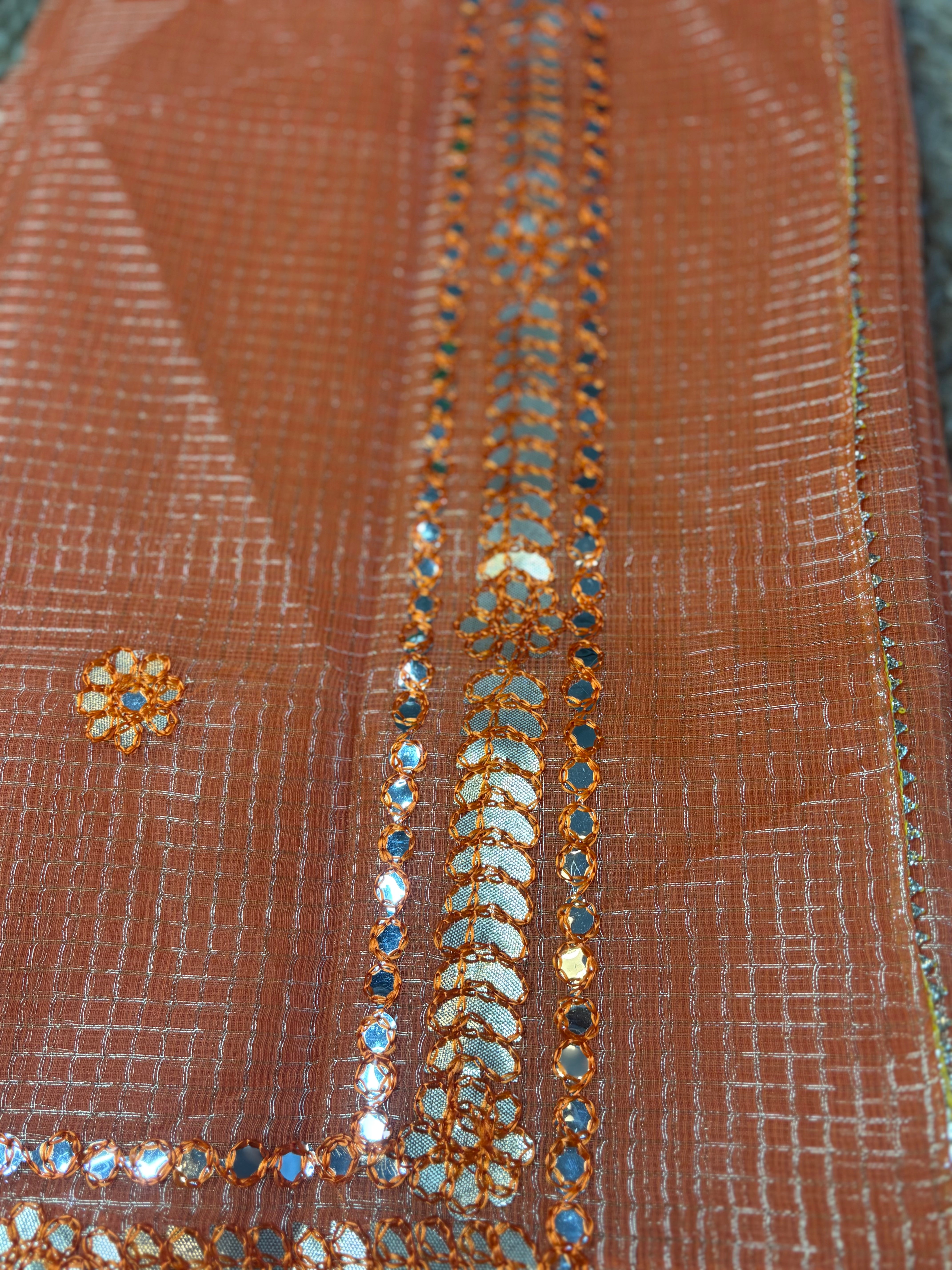 Bandhuri Orange Kota Doria Gota Patti Saree
