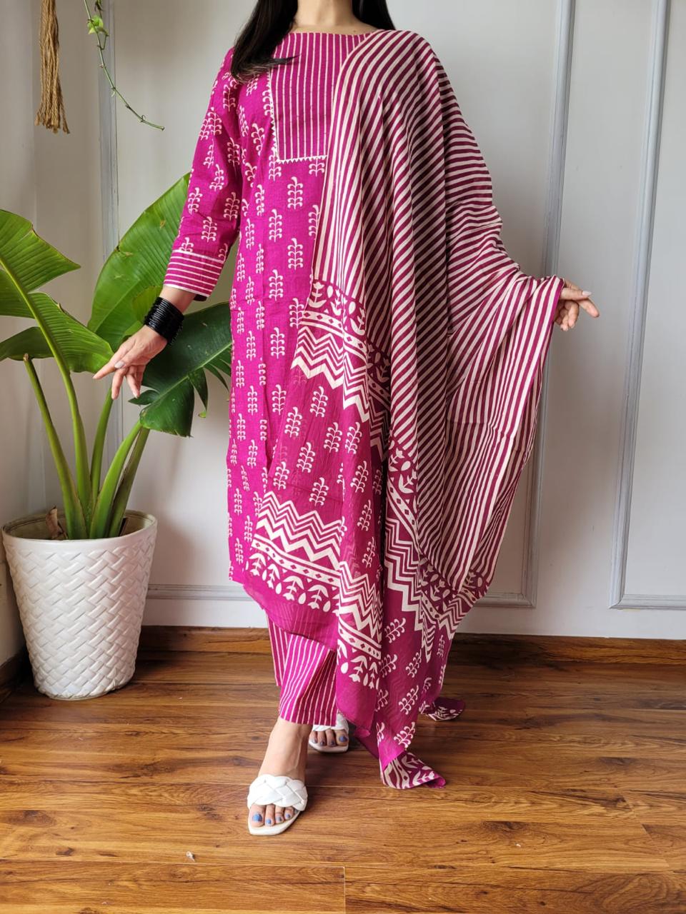 Pink Block Print Suit Set With Dupatta