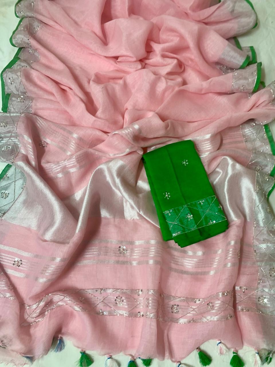 Pink Pure Linen Embroidery Saree