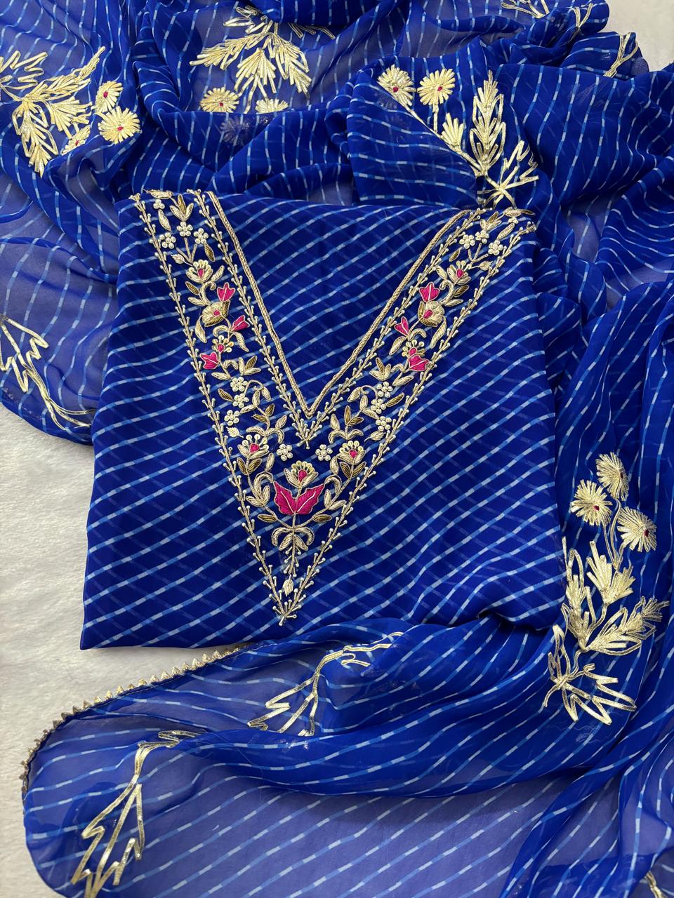 Beautiful Blue Color Leheriya Zardozi Handwork Suit