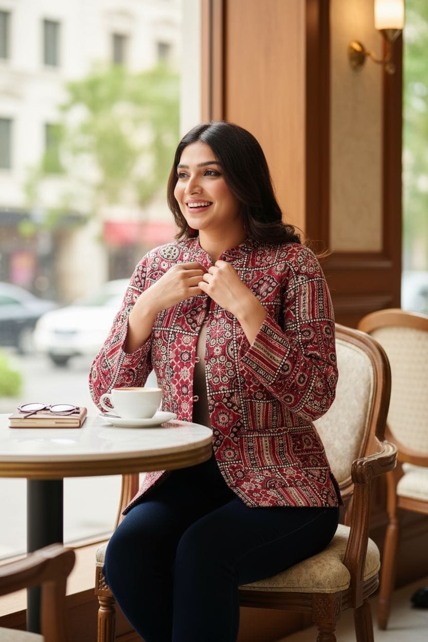 Red Pure Cotton Quilted Reversible Traditional Jaipuri Print Jackets