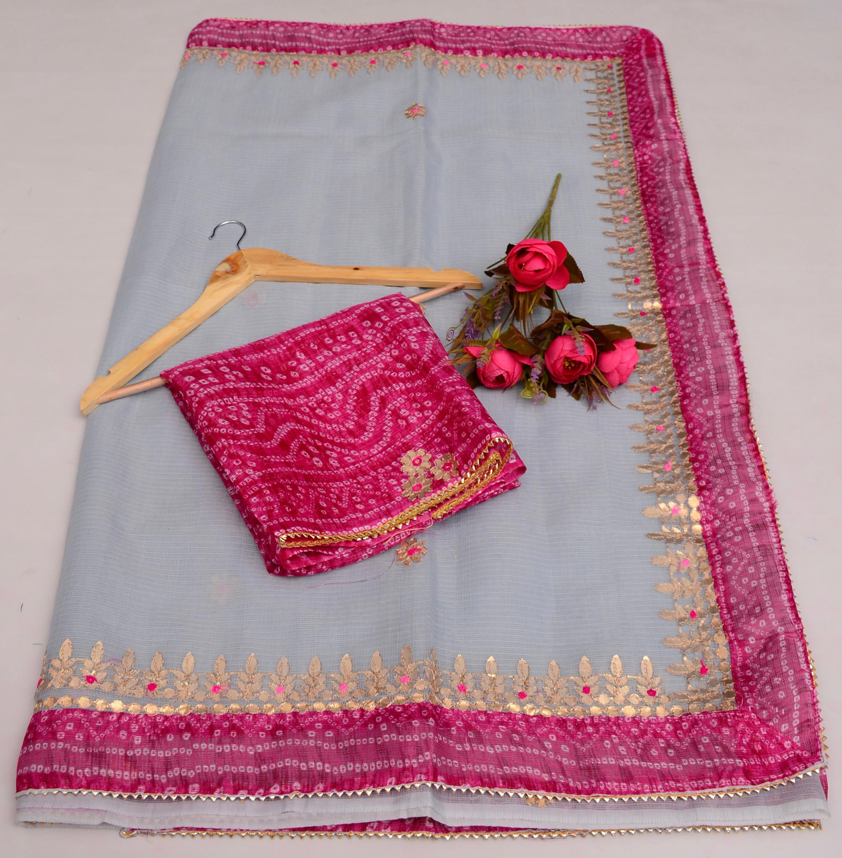 Grey Kota Doria Gota Patti Saree